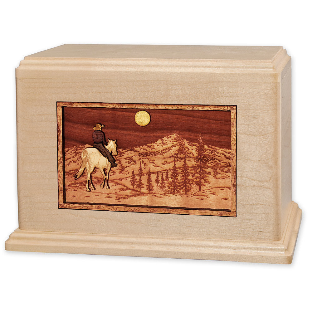 Handcrafted Cowboy Horse & Rider 3D Wood Inlay Cremation Urn - Memorial Keepsake for Ashes - Perfect for Western Lovers & Ranch Home Decor