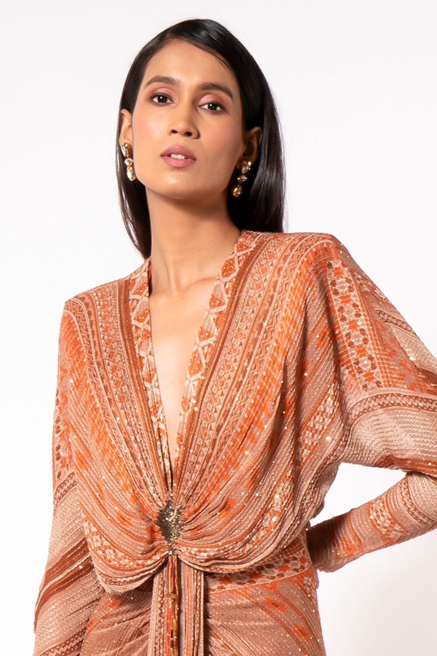 Elegant Dark Beige Floral Print Draped Maxi Dress for Women - Perfect for Beach Vacations, Summer Parties & Date Nights