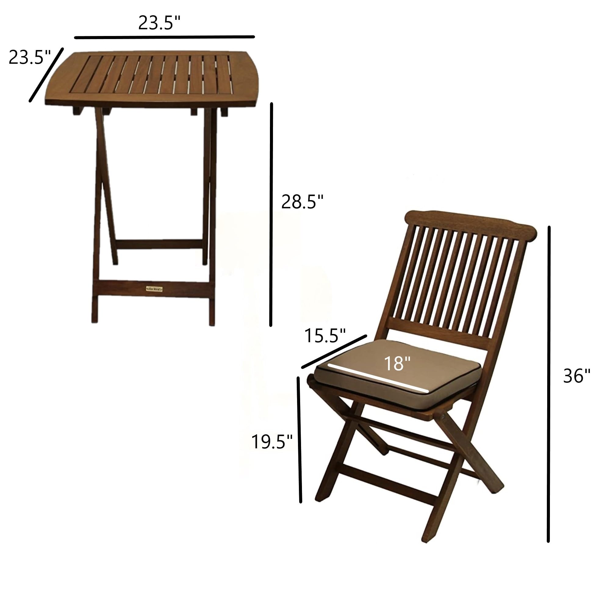 Premium Eucalyptus Wood 3-Piece Square Foldable Bistro Set - Outdoor Patio Furniture with Table & 2 Cushioned Chairs (Beige) - Perfect for Garden, Balcony, and Backyard Relaxation