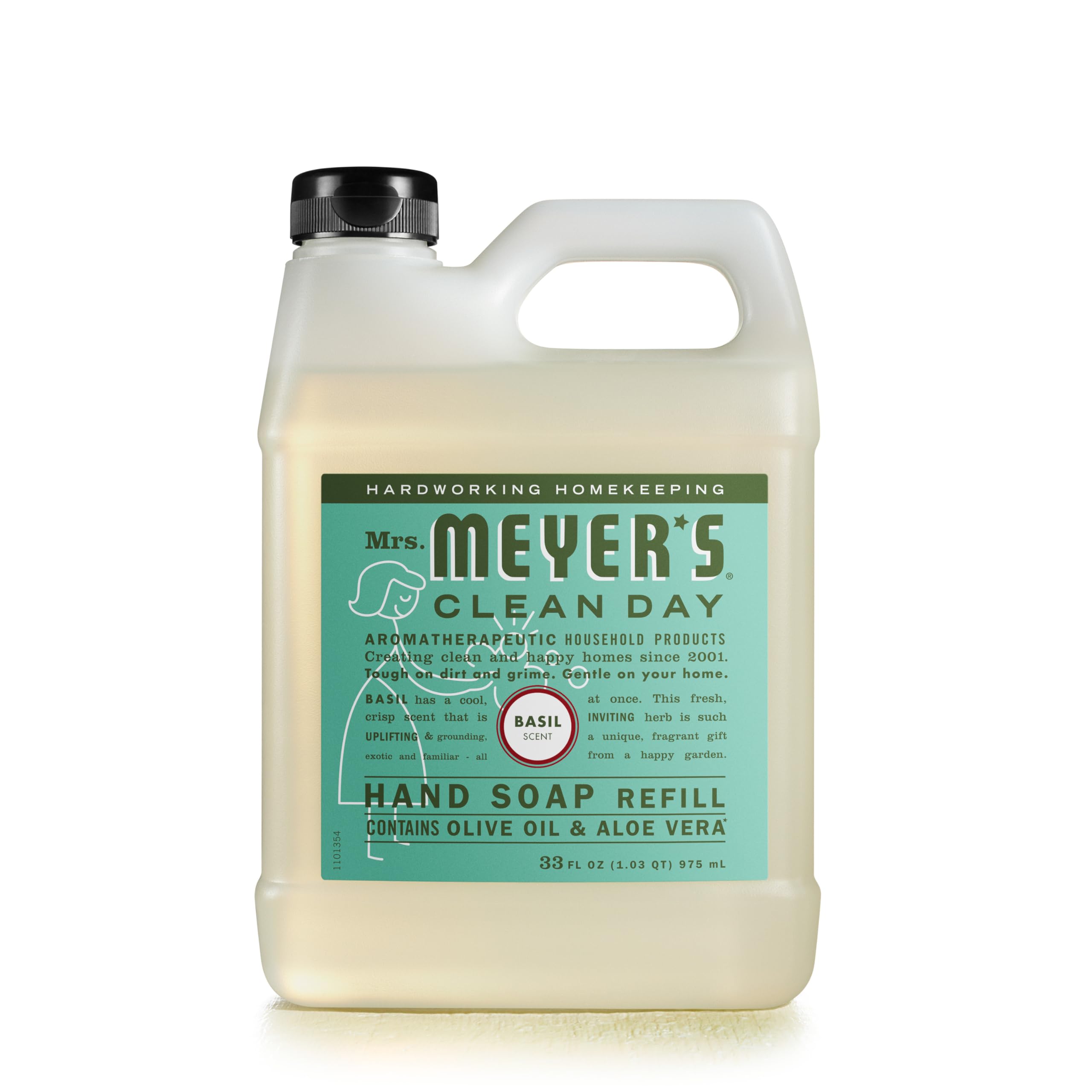 Mrs. Meyer's Clean Day Hand Soap Refill - 33 fl oz Biodegradable Liquid Soap with Basil Essential Oils | Eco-Friendly Kitchen & Bathroom Soap Dispenser Refill for Home & Office Use