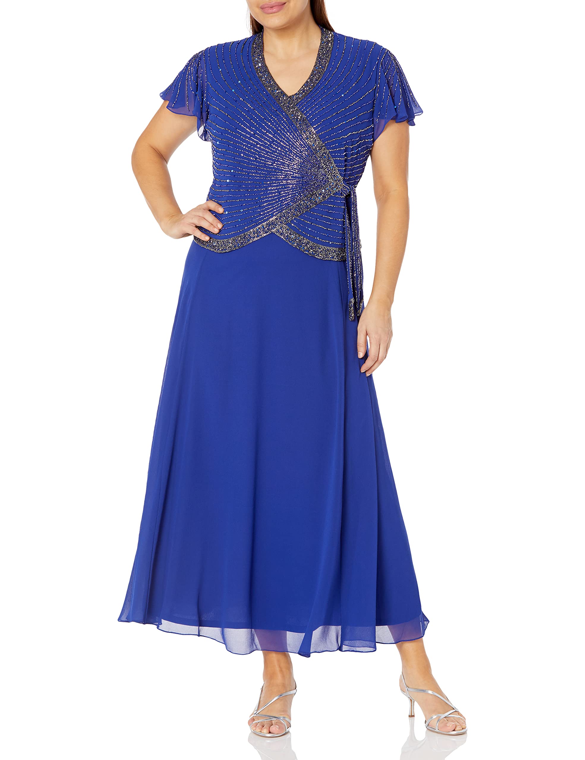 J Kara Women's Plus Size Faux Wrap Long Dress with Flutter Sleeves - Elegant Midi Dress for Casual Wear, Office & Special Occasions