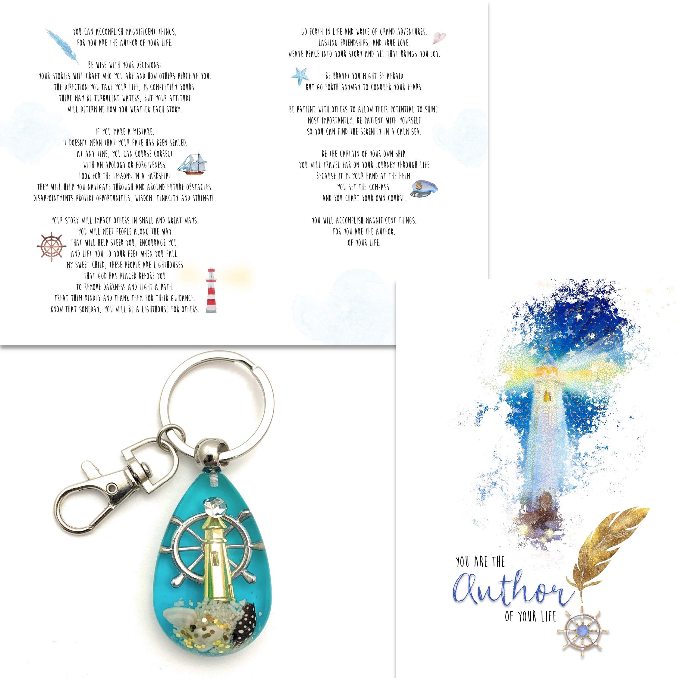 Graduation Card & Keychain Gift Set - Inspirational Author of Your Life Greeting Card with Lighthouse Beacon Keychain - Perfect Graduation Gift for Son, Daughter, Friends - Motivational Advice for Life, Love & Friendships - Ideal for Graduation Ceremonies, Parties & Celebrations