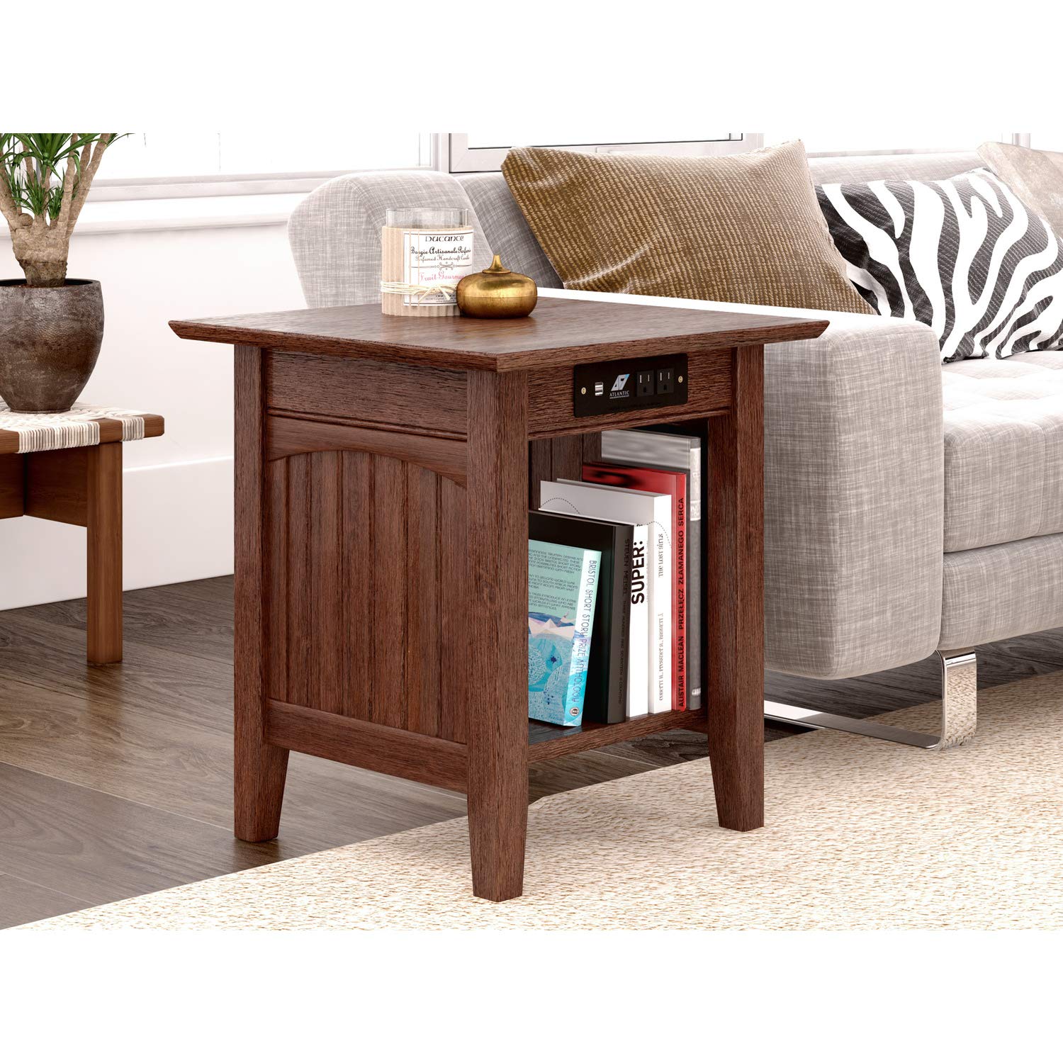 AFI Nantucket End Table with Built-in USB Charger - Modern Side Table for Living Room, Bedroom, Office - Burnt Amber Finish - Compact Nightstand with Wireless Charging Station