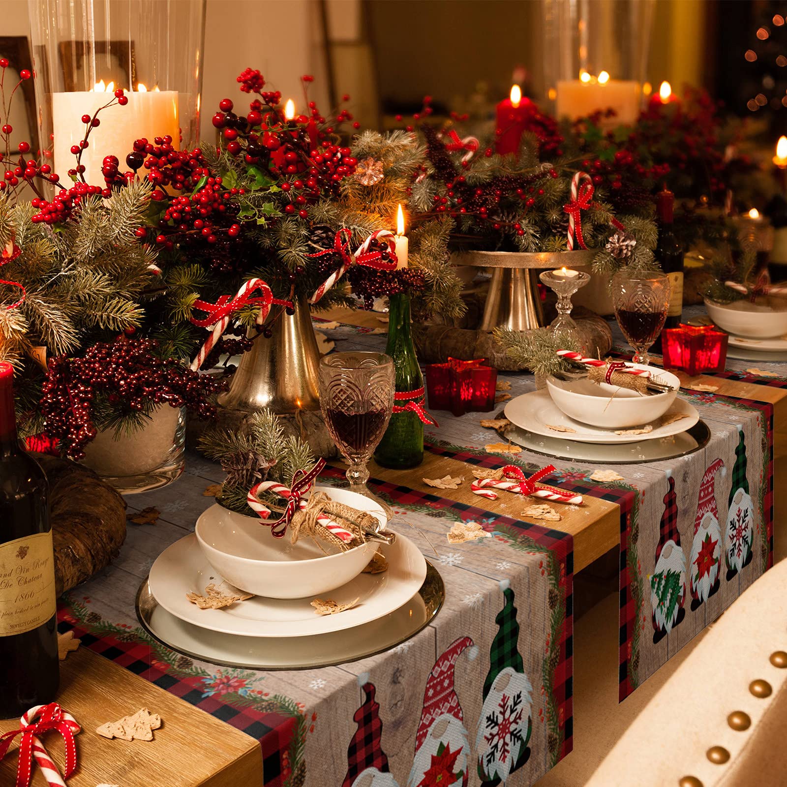 Queenker Christmas Table Runner - Cute Gnome Rustic Wooden Table Scarf, 13x90 Inch Holiday Dining Table Decor for Living Room, Winter Party & Festive Home Decoration | Perfect for Christmas Dinner, Holiday Gatherings & Cozy Home Styling