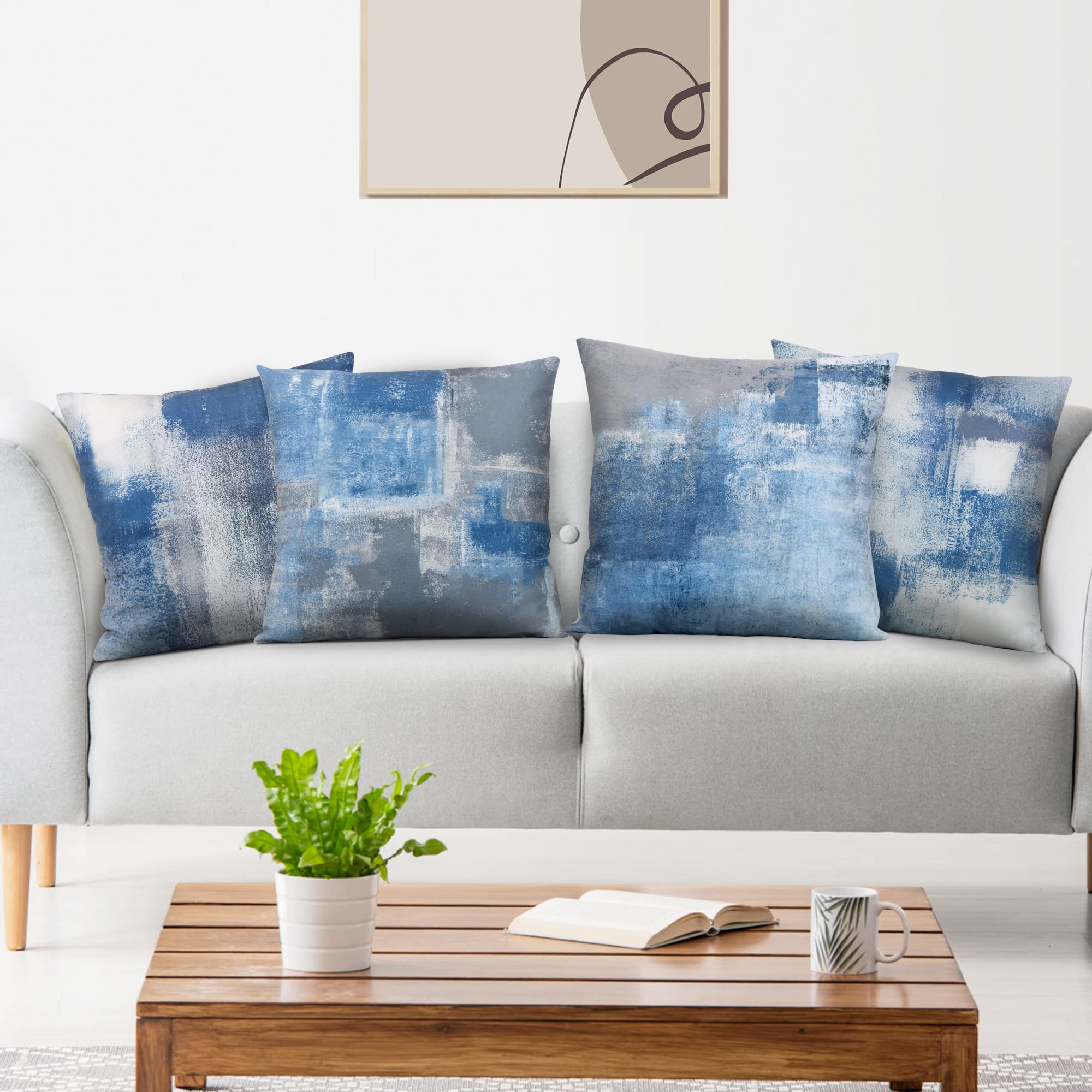 Set of 4 Blue & Grey Abstract Art Pillow Covers 18x18 Inch - Modern Decorative Throw Pillow Cases for Sofa, Bedroom & Living Room - Perfect for Home Decor, Accent Pillows & Contemporary Interior Design