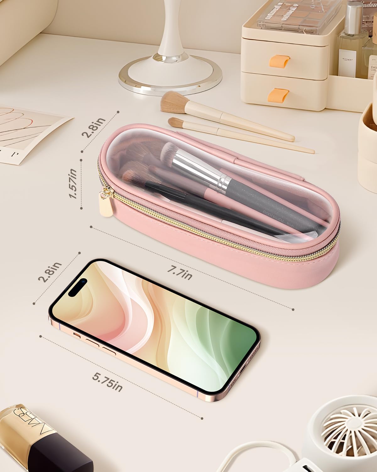 Clear Travel Makeup Brush Holder - Waterproof Leather Cosmetic Case for On-the-Go Beauty