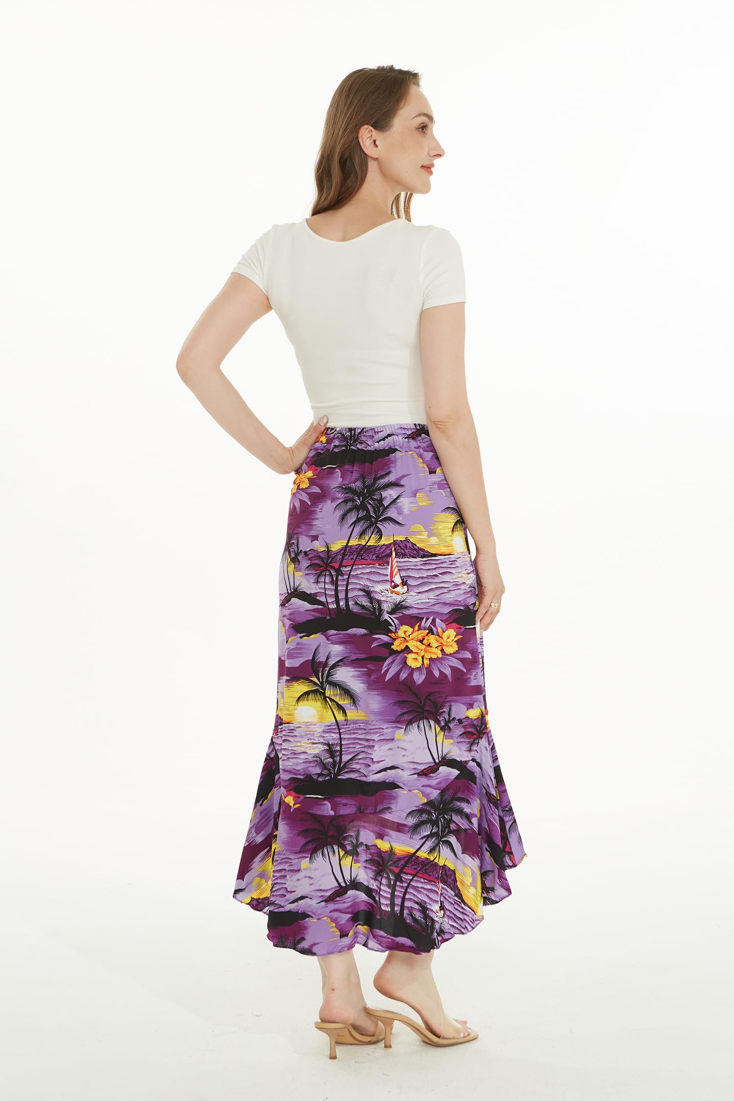 Women's Hawaiian Luau Wrap Ruffle Skirt - Sunset Neon Pastel Colors for Beach Party, Vacation & Summer Outfits | Floral Print Sarong Skirt for Tropical Theme Events