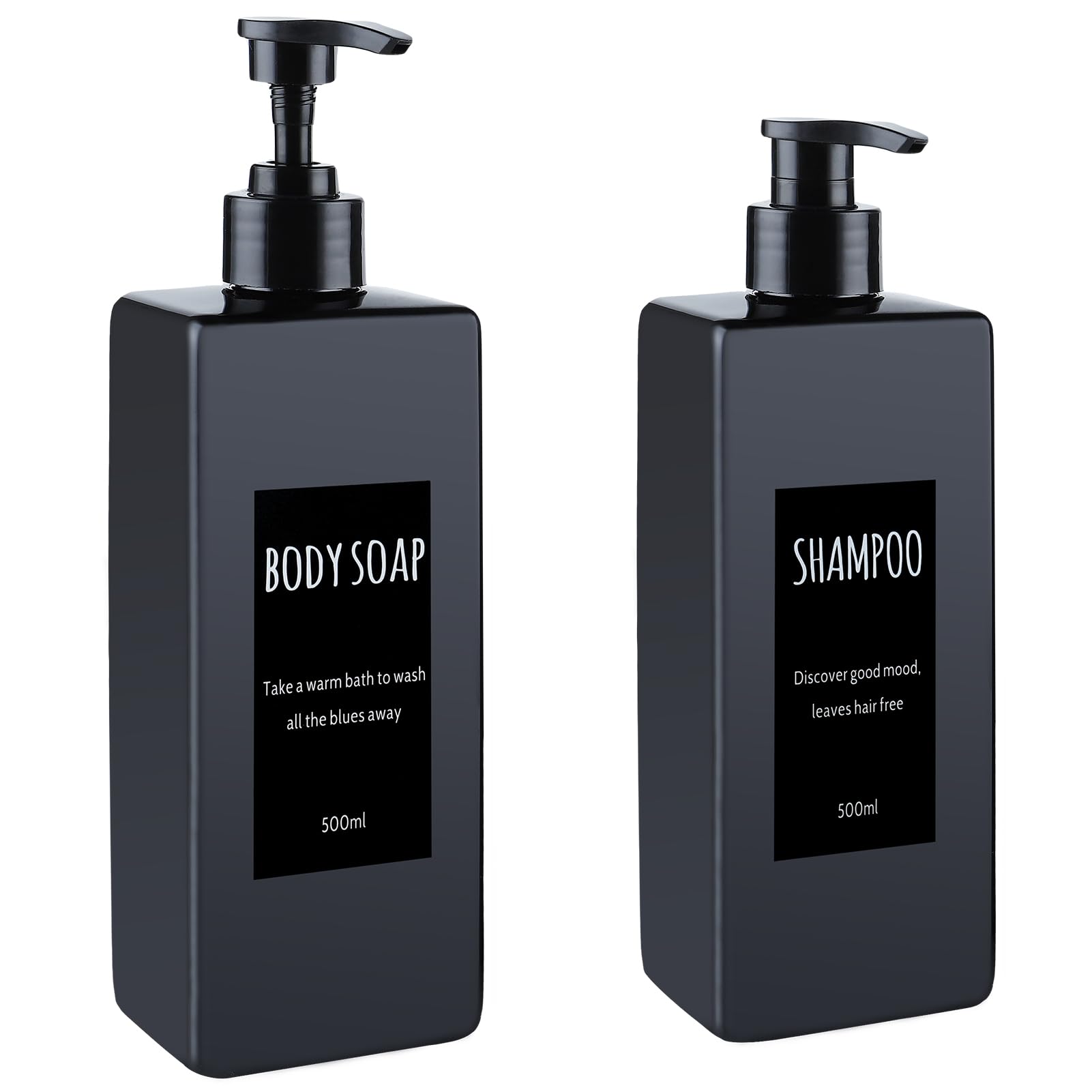 Refillable Shampoo and Conditioner Dispenser Set (2 Pack, 16.9oz) - Modern Empty Pump Bottles for Shower, Soap & Body Wash | Bathroom Organizer for Countertop or Shower Caddy (Black)