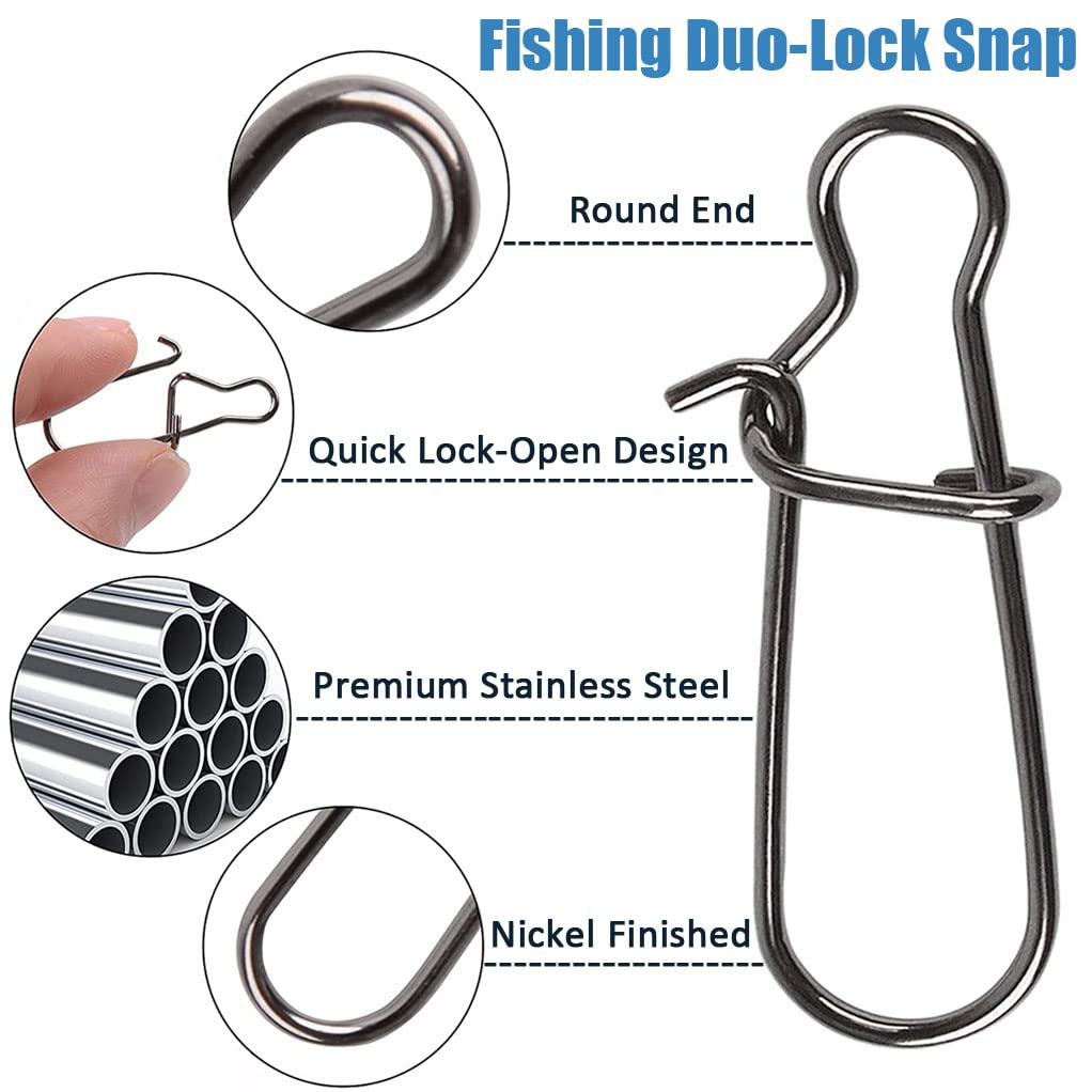 JSHANMEI Strong Stainless Steel Fishing Snaps Clip Duo Lock Snap Swivels - Quick Change Lure Snap Fishing Clips for Freshwater & Saltwater Fishing - Perfect for Bass, Trout, and Saltwater Game Fish