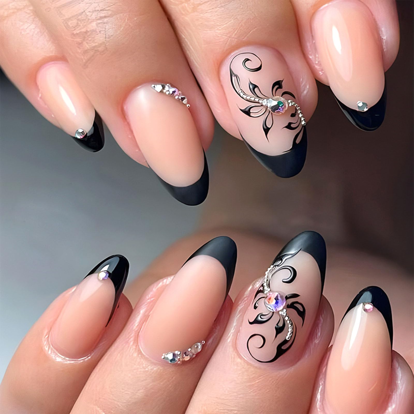 Black French Tip Press on Nails Short Almond Fake Nails - 24Pcs Nude Full Cover Acrylic Nails with Silver Pearl Rhinestones | Glossy Artificial False Nails for Women | Perfect for Parties, Weddings & Daily Wear