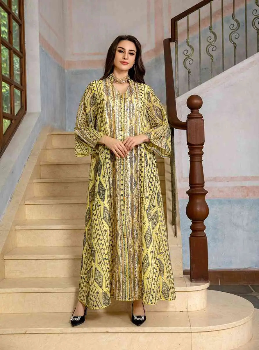 Elegant Eid Dress for Women - Sparkling Sequins & Embroidery Kaftan Caftan - Perfect for Eid Celebrations, Parties, and Special Occasions