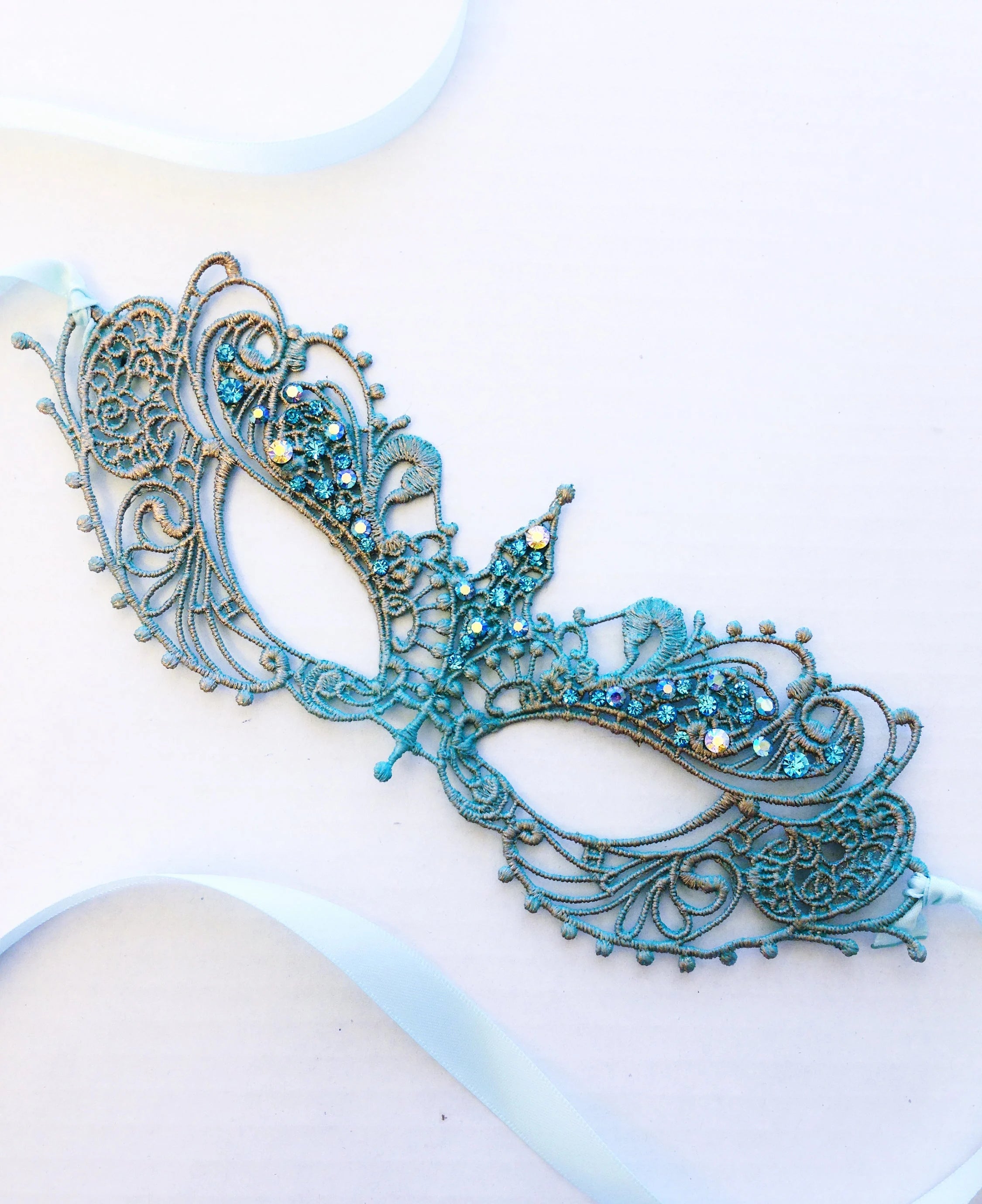 Elegant Ana Lace Face Mask with Turquoise and Gold Accents - Breathable Fashion Mask for Women, Parties, Weddings & Special Occasions