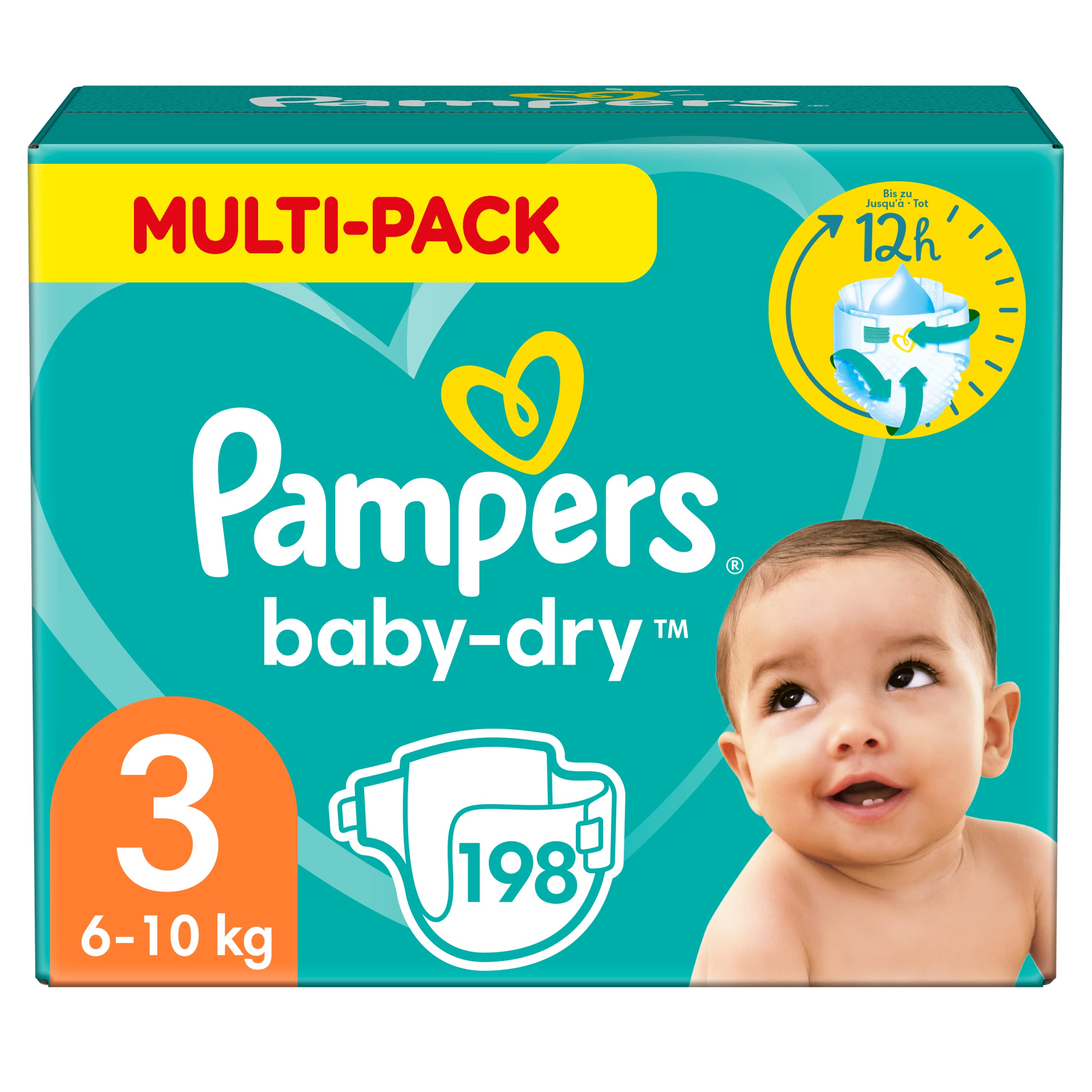 Pampers Size 3 Diapers (6-10 kg), Baby-Dry, 198 Count, 1 Month Supply, Up to 12 Hours of Protection with Double Leak Barrier – Perfect for Overnight Use and Daytime Comfort for Active Babies