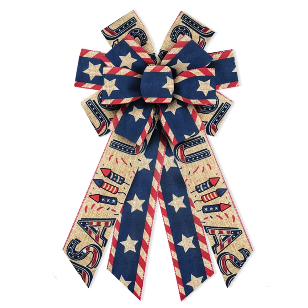 Large 4th of July Bows for Wreaths - Patriotic Blue Burlap Wreath Bows with American Stars - Tree Topper & Front Door Decor for Memorial Day, Independence Day - Perfect for Indoor & Outdoor Patriotic Decorations