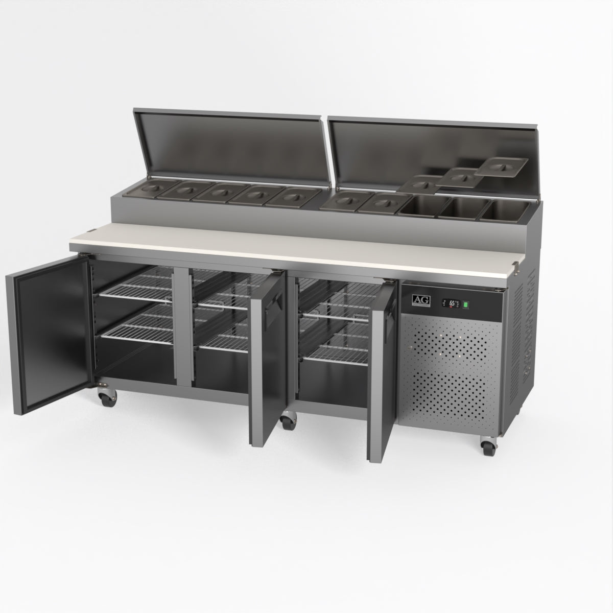 AG 3 Door Commercial Saladette Refrigerator - Holds 10 x 1/3 GN Trays - Perfect for Restaurants, Delis & Catering Businesses
