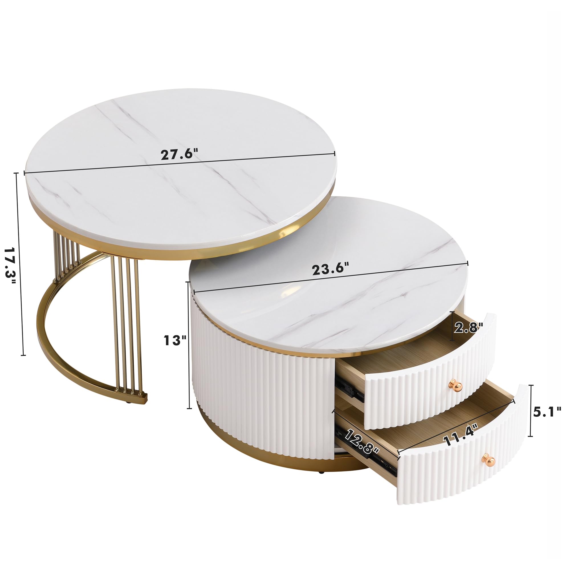 Modern Round Nesting Coffee Table Set of 2 with Storage Drawers - Gold & White Accent Living Room Furniture for Small Spaces, Apartments | Perfect for Coffee Serving, Magazine Storage & Home Decor