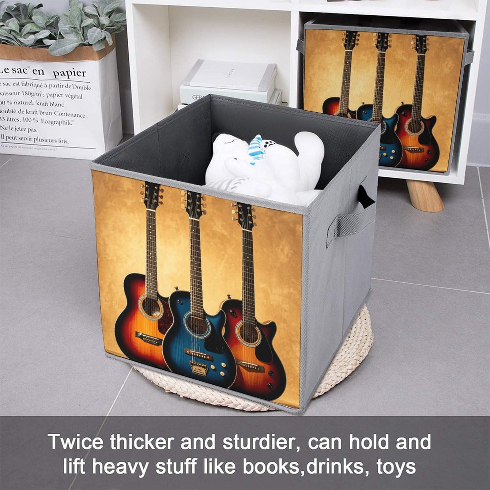 6-Piece Collapsible Storage Bins with Handles - Printed Guitar Design Multi-Purpose Organizer for Shelves, Closet, Bathroom & Home Organization - Foldable Storage Boxes for Easy Space Saving