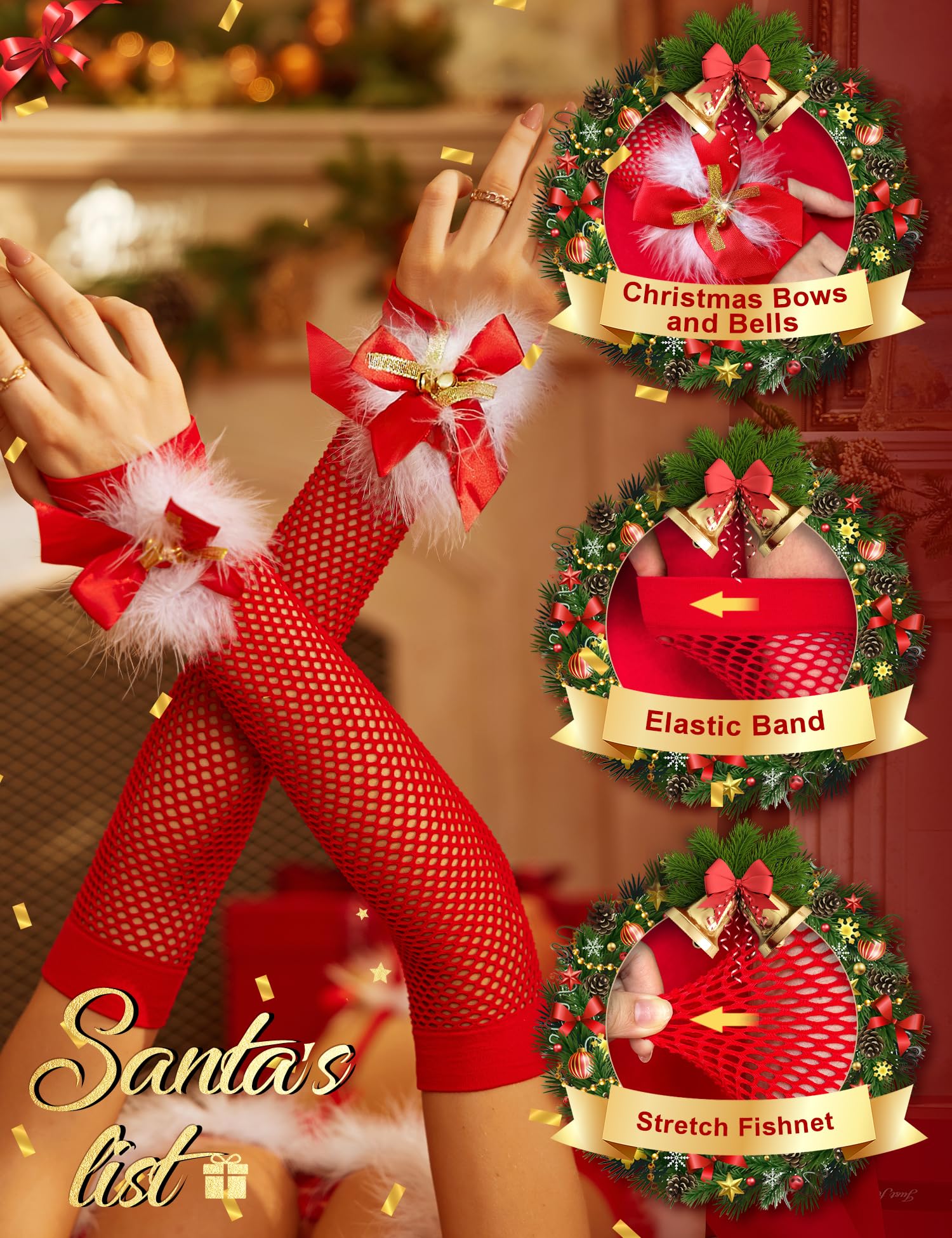 RSLOVE Women's Sexy Christmas Fishnet Thigh High Stockings & Santa Fingerless Gloves Set with Bell - Red Holiday Costume Accessories for Xmas Party, Cosplay, and Festive Outfits
