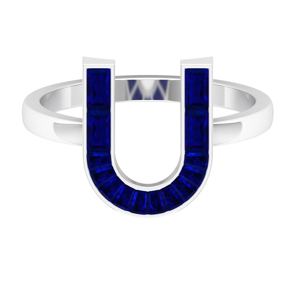 Lab Created Blue Sapphire Alphabet Initial Rings A-Z | 14K White Gold Baguette Letter Rings | Personalized Name Jewelry for Birthdays, Anniversaries & Gifts