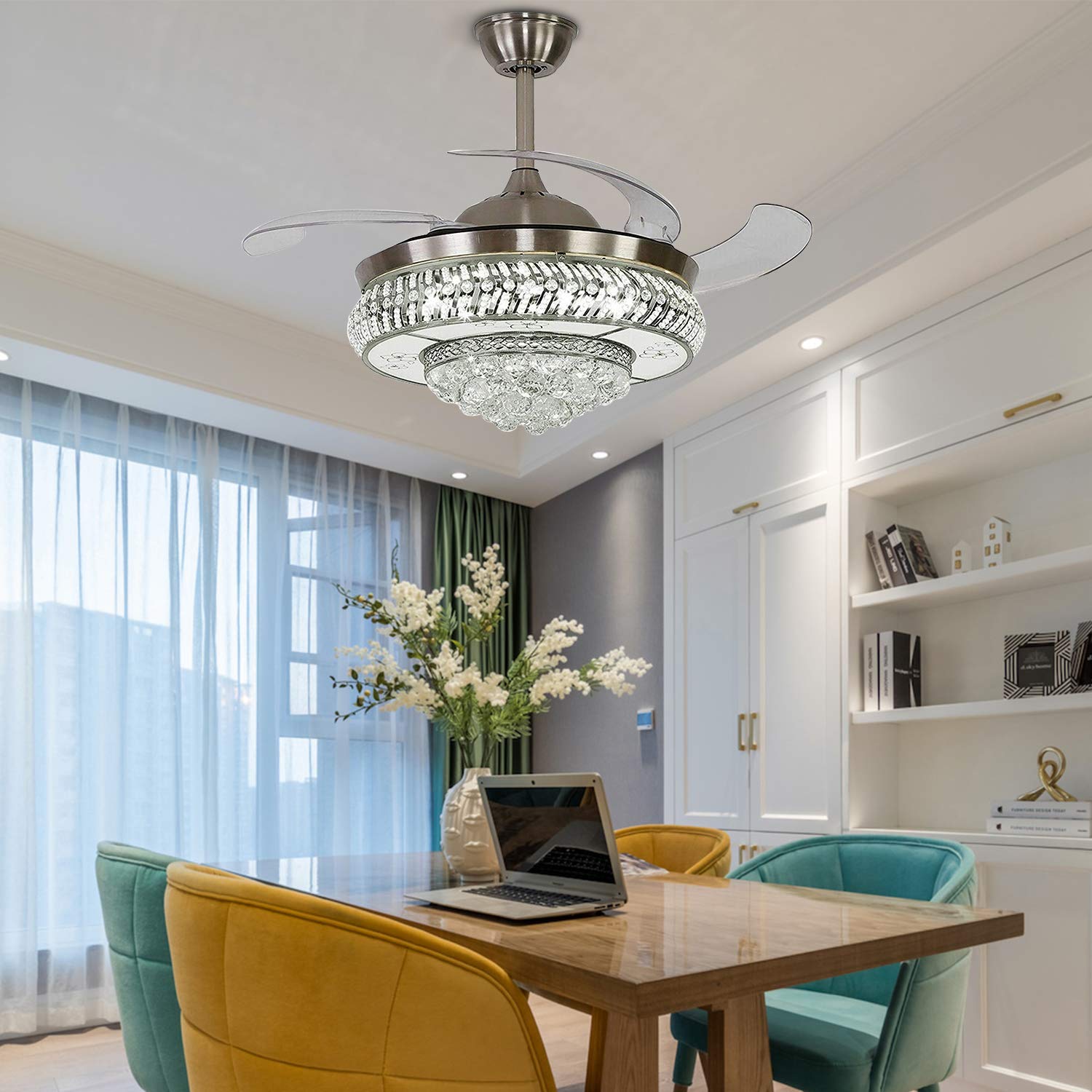 Modern Retractable Crystal Ceiling Fan with Light & Remote Control - 42 Inch Smart Ceiling Fan with Dimmable LED & 3 Speed Settings - Chrome Silver for Living Room, Bedroom, Dining Room & Office Spaces