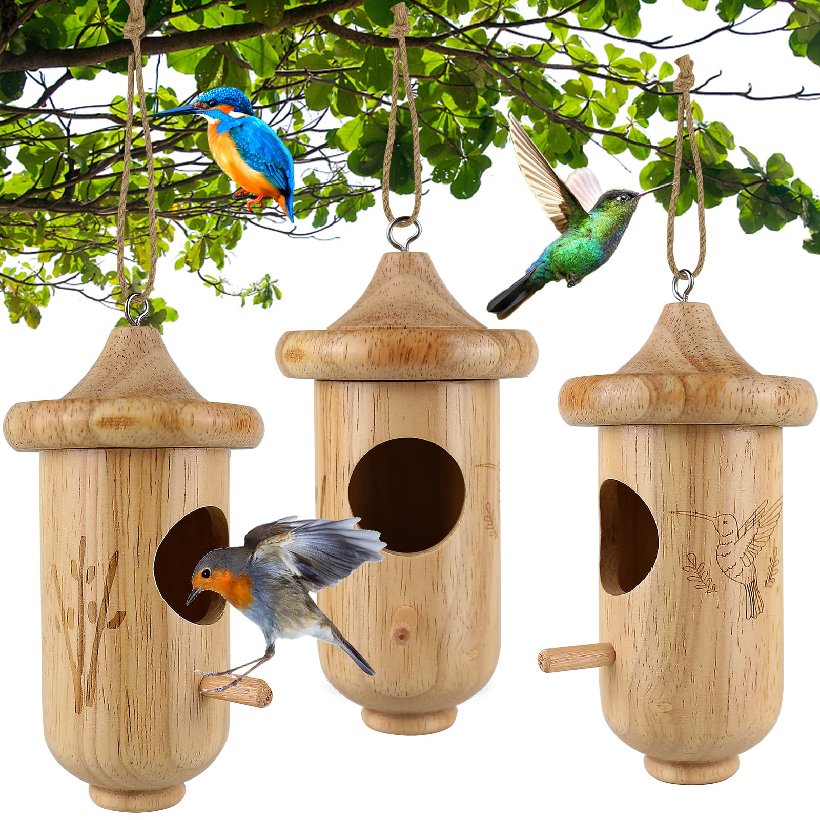 Wooden Hummingbird House for Outdoor Hanging - 3 Pack with Hemp Ropes, Natural Bird Nest Gift for Garden Decoration | Perfect for Backyard, Patio & Garden Decor to Attract Hummingbirds