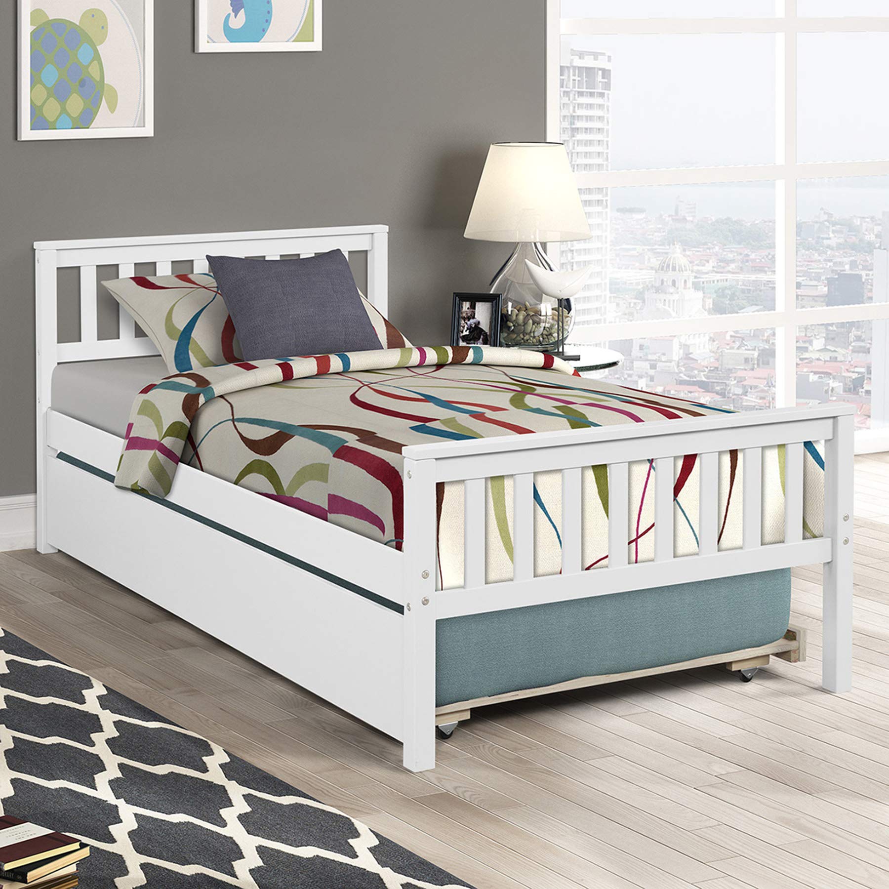 Solid Wood Twin Bed Frame with Trundle - Platform Bed with Headboard & Footboard, Wood Slat Support No Box Spring Needed - Perfect for Small Bedrooms, Guest Rooms & Studio Apartments