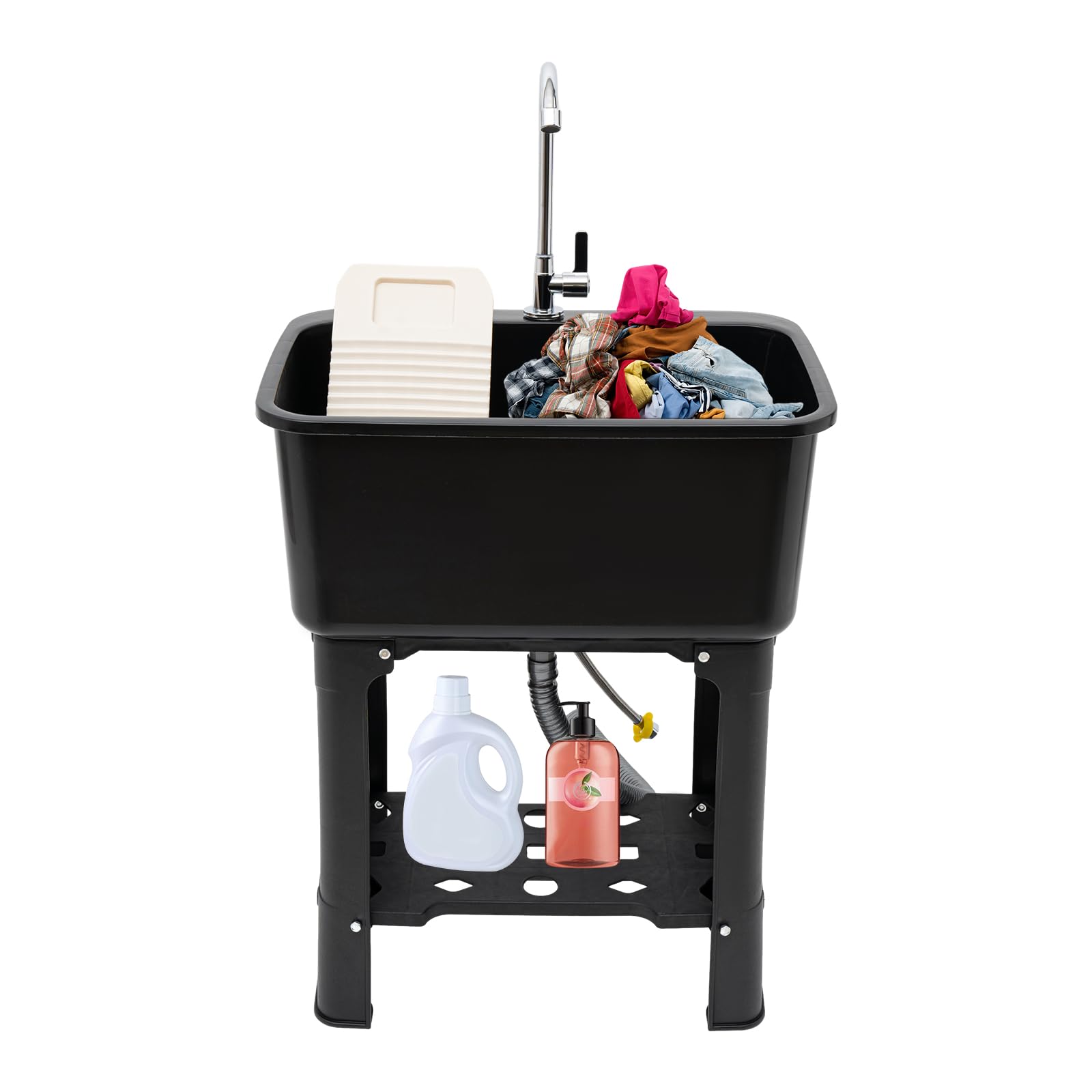 Utility Sink Laundry Tub with 360° Rotating Faucet - Heavy Duty Indoor/Outdoor Freestanding Sink with Drain Kit & Hoses - Perfect for Laundry Room, Garage, Garden & Workshop Cleaning