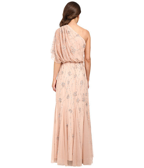 Adrianna Papell One Shoulder Beaded Gown - Elegant Blush Evening Dress for Prom, Wedding & Formal Events