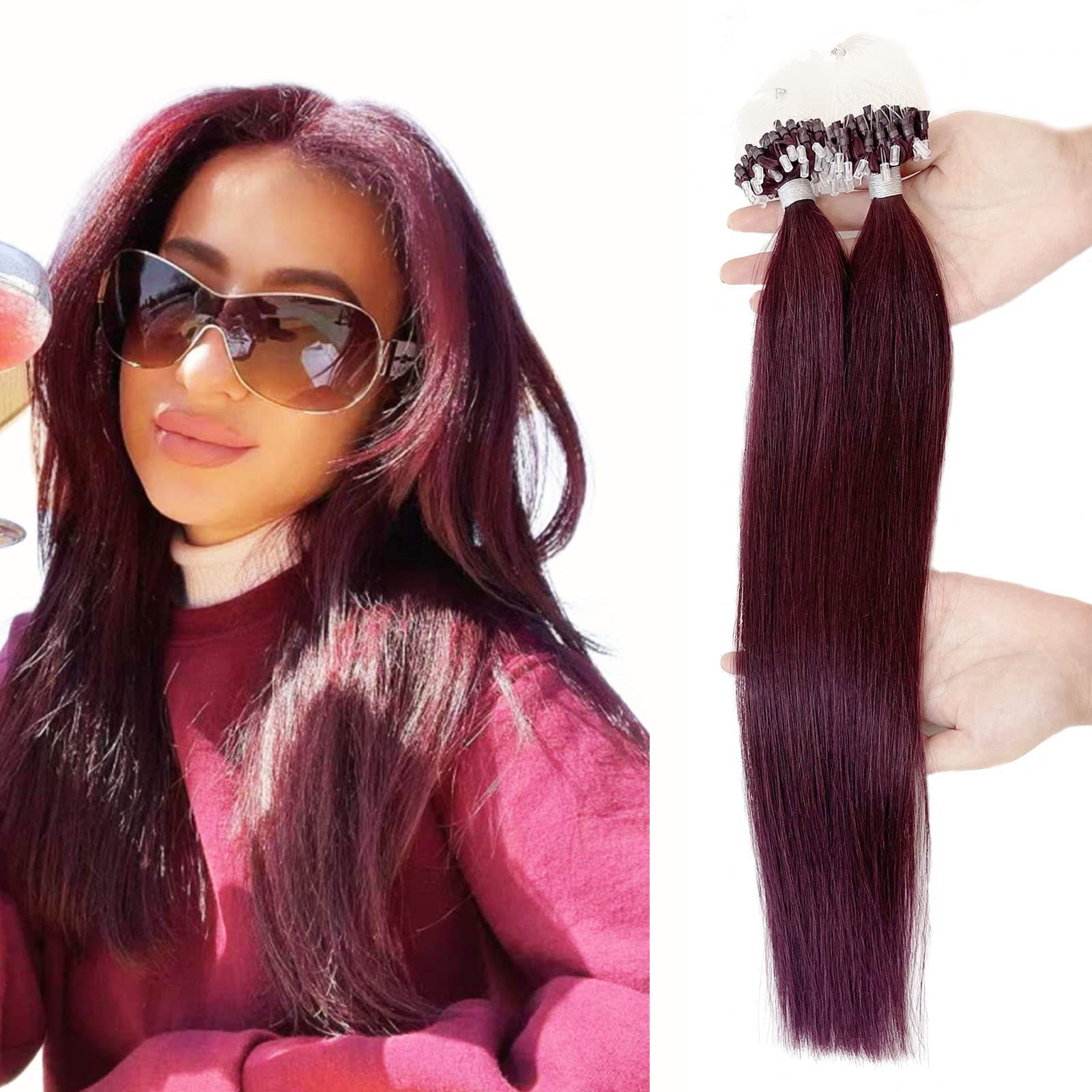 Misslala 22 Inch Microbead Hair Extensions - 100% Remy Human Hair with Micro Ring Links (50G, 50 Strands) in #99J Red Wine Color | Perfect for Parties, Weddings & Daily Styling