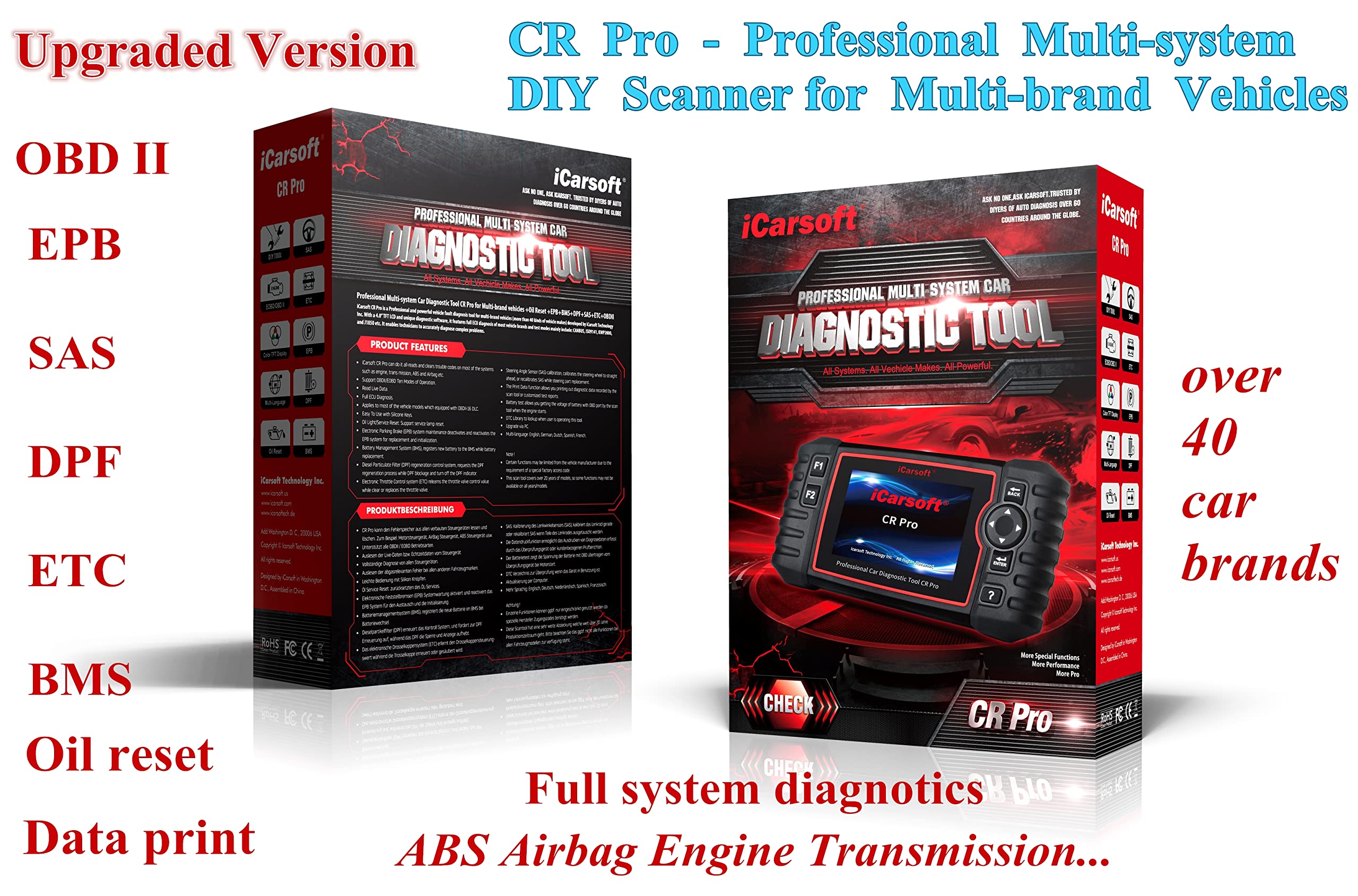 iCarsoft CR Pro OBD2 Scanner - Multi-System Diagnostic Scan Tool for All Cars & Trucks | Oil Reset, EPB, BMS, SAS, ETC | Professional Automotive Code Reader for Mechanics & DIY Use at Home Garage
