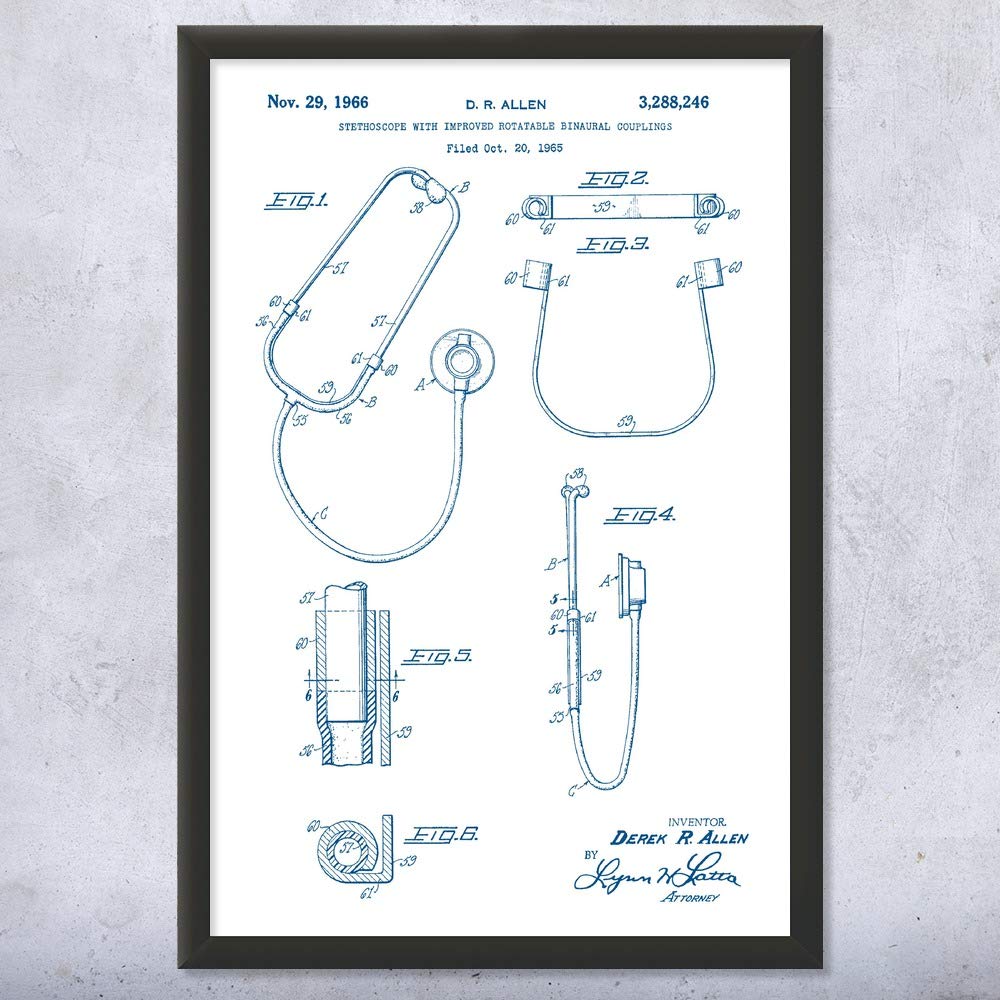 Framed Binaural Stethoscope Art Print - Blue & White Medical Wall Decor (11x14) - Perfect Nurse Gift, Medical Student Present & Doctor Office Decoration - Ideal for Clinics, Hospitals & Healthcare Professionals