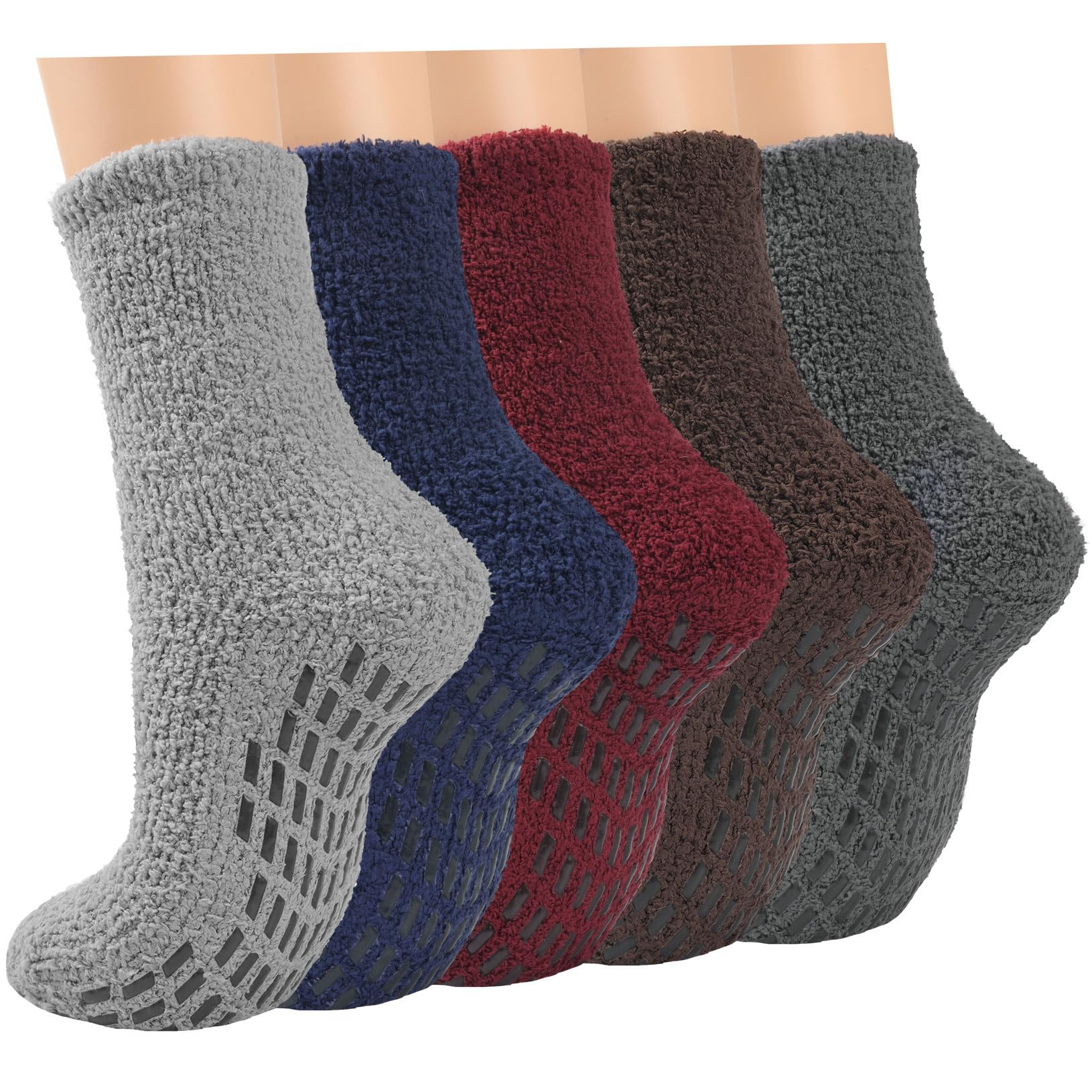 **ILovDaisy Men's Cozy Fleece Slipper Socks - 5 Pairs Warm Thermal Fuzzy Socks with Non-Slip Grippers for Winter, Home & Sleeping - Perfect for Cold Floors & Indoor Comfort**