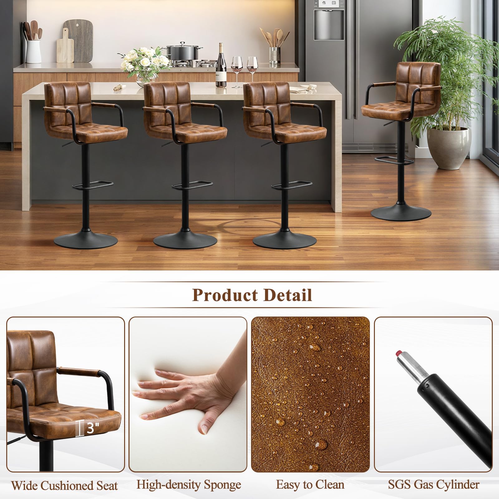 Furniliving Set of 2 Modern PU Leather Bar Stools with Back & Armrest - Adjustable Height Kitchen Counter Stools for Bar, Pub, Cafe & Home Dining (Yellow Brown) | Perfect for Breakfast Nooks, Kitchen Islands & Entertainment Spaces