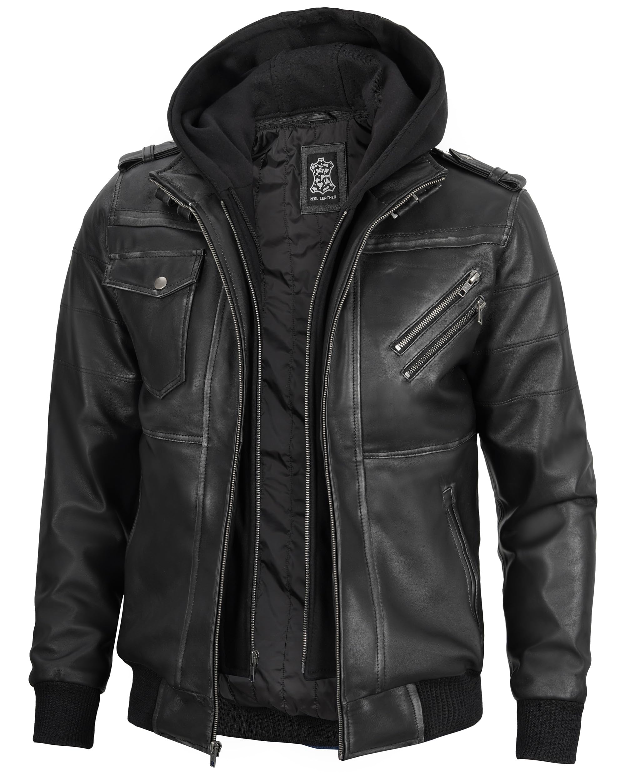 Decrum Men's Hooded Leather Bomber Jacket - Premium Genuine Leather with Removable Hood for Casual Wear & Outdoor Adventures