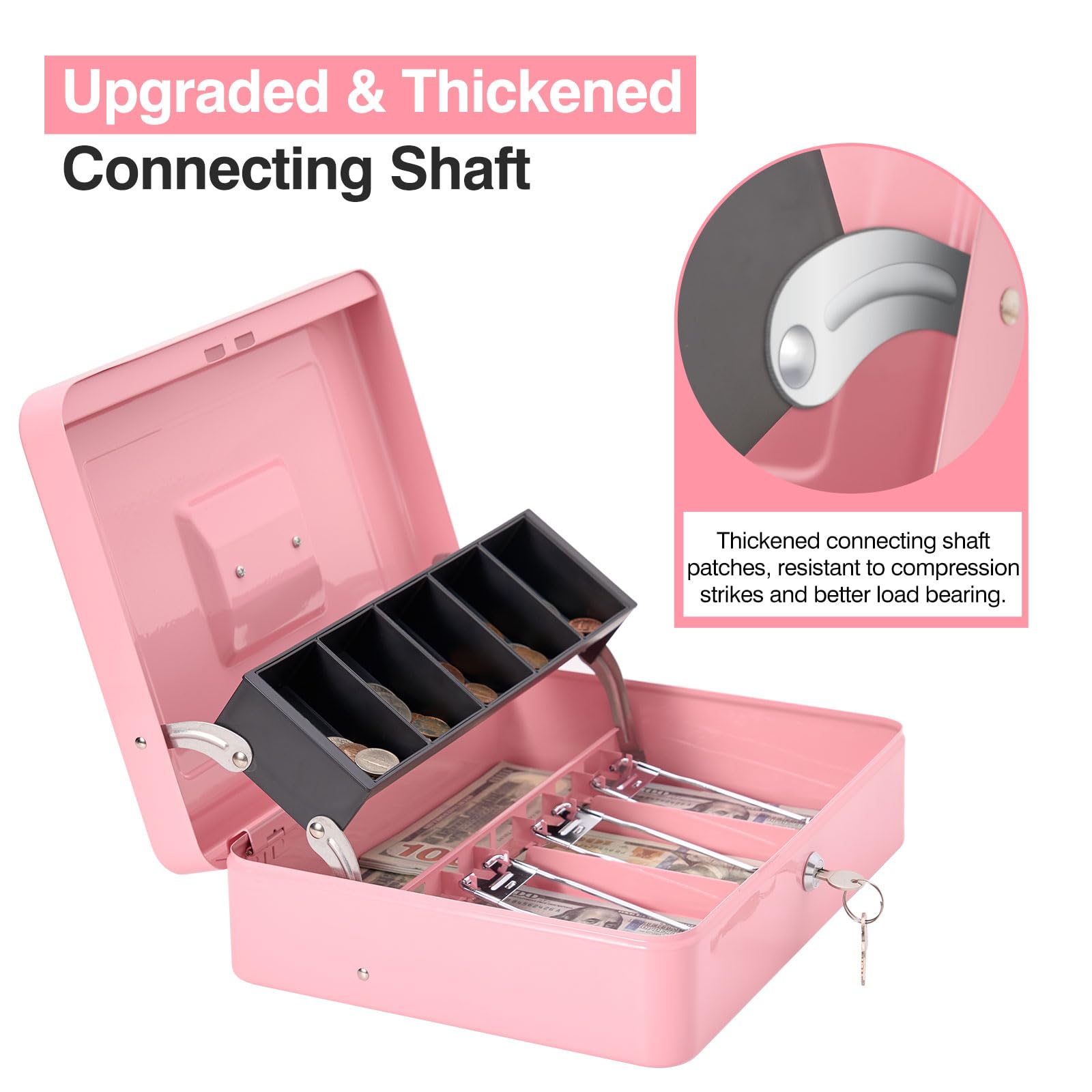 Secure Locking Cash Box with Carry Bag - Heavy Duty Metal Money Safe with Key & Combination Lock, 4 Bill & 5 Coin Slots, Cantilever Design - Pink Money Saving Organizer for Home, Office, Retail & Travel Use