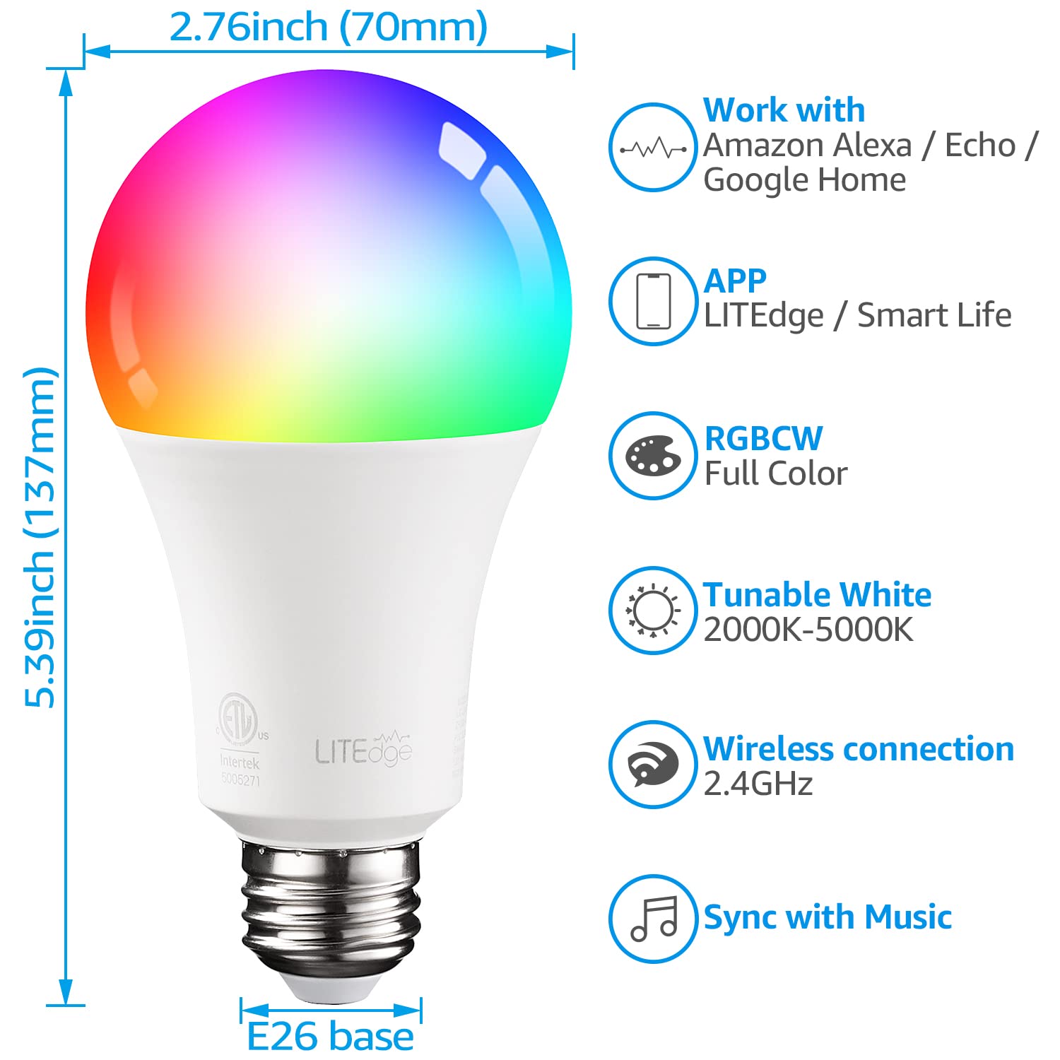 TORCHSTAR A21 Smart LED Light Bulbs - WiFi & Bluetooth, Compatible with Alexa, Google Home, Siri - 2000K-5000K RGBCW Full Color Changing, No Hub Required, 75W Equivalent, E26 Base (2-Pack) - Perfect for Bedroom, Living Room & Smart Home Automation