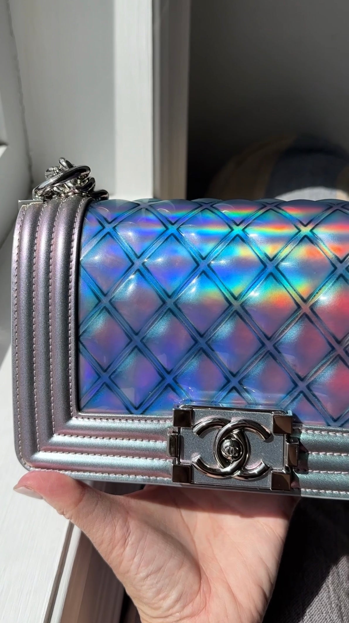Chanel 18S Lilac Purple Holographic Mermaid Classic Small Boy Flap Bag - Luxury Designer Handbag for Women, Perfect for Evening Parties & Special Occasions