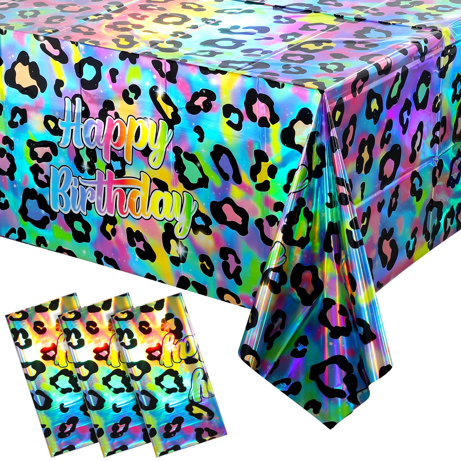 3 Pack Cheetah Print Disposable Plastic Tablecloths - 54x108 Inch Iridescent Neon Rainbow Leopard Birthday Party Decorations - Safari Theme Table Covers for Birthday, Baby Shower, Bridal Shower & Holiday Celebrations