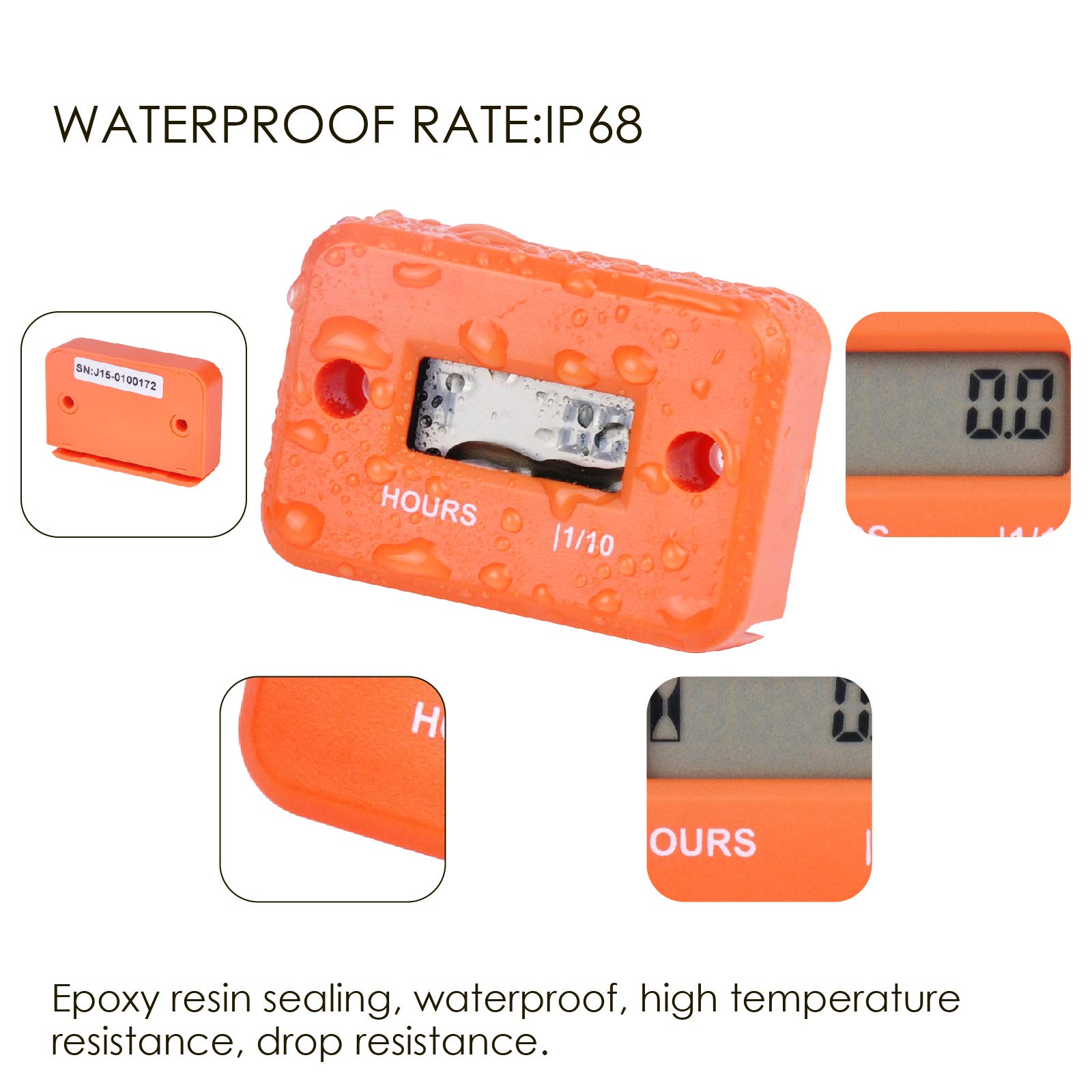 Jayron Digital LCD Inductive Hour Meter - Waterproof Engine Usage Timer for Marine Boat, Snow Blower, Generator, Lawn Mower & Small Gas Engines (HM006A-M5, Orange) | Track Maintenance Intervals & Engine Lifespan