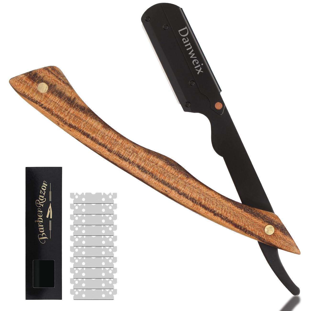 Professional Stainless Steel Straight Razor for Men - Barber Shaving Razor with 10 Replacement Blades & Wooden Handle (Brown) | Perfect for Home Grooming, Beard Shaping and Professional Barber Use