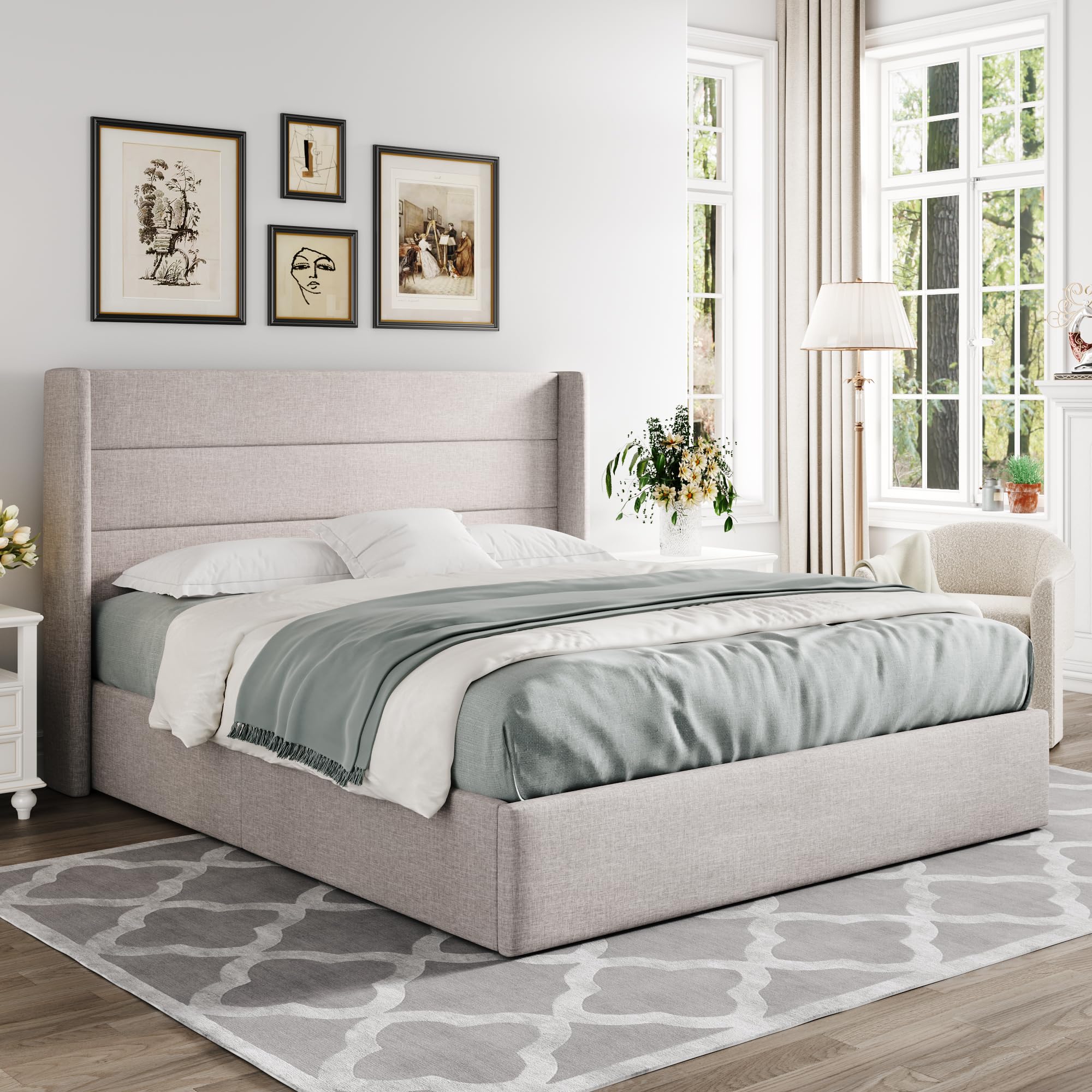 Allewie Full Size Lift Up Storage Bed with Modern Wingback Headboard - Hydraulic Support, No Box Spring Needed, Light Beige - Perfect for Small Bedrooms, Guest Rooms & Space-Saving Solutions