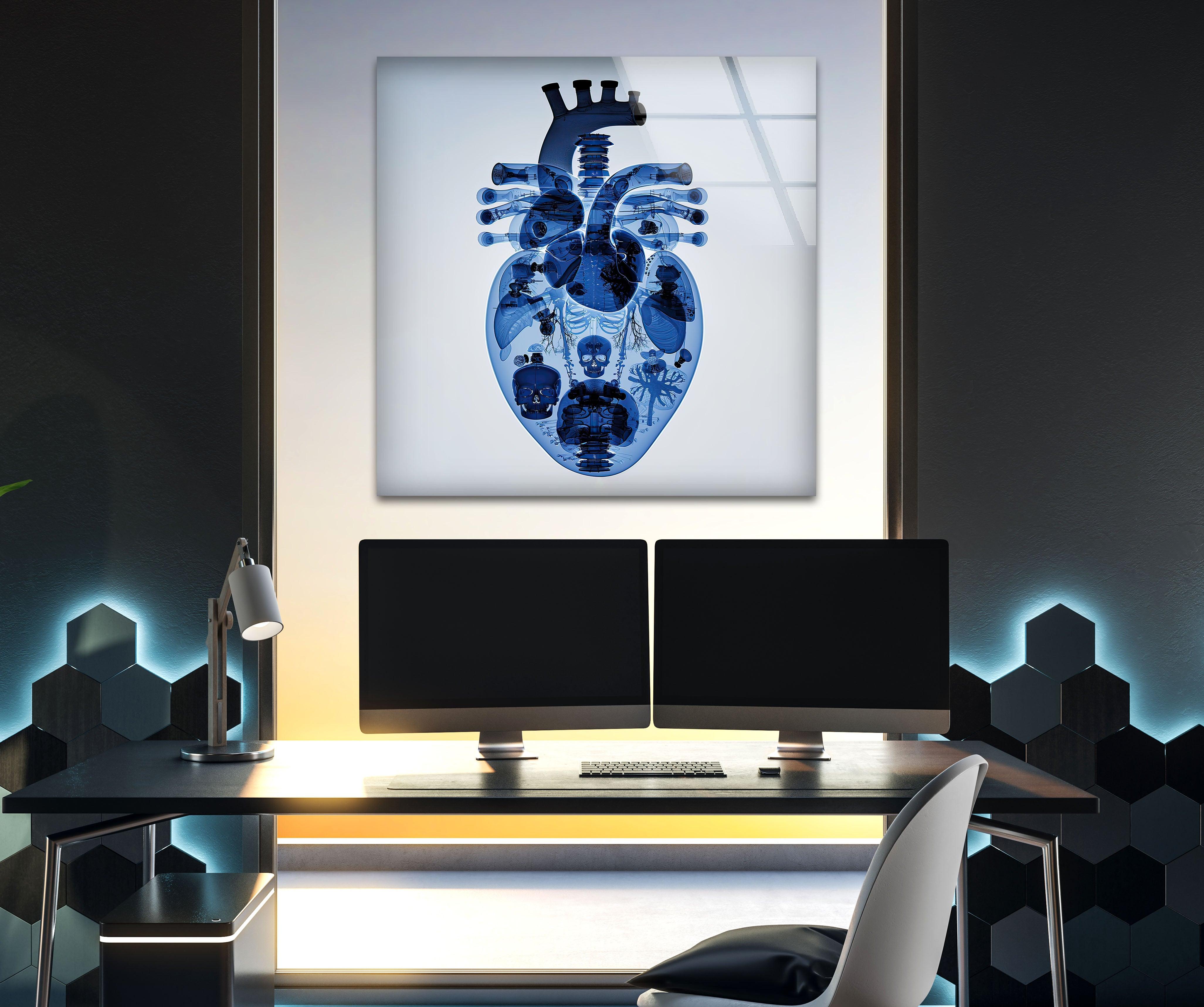 Blue Mechanical Heart Glass Wall Art - Elegant Home Decor for Living Room, Bedroom & Office - Perfect Gift for Valentine's Day & Anniversaries