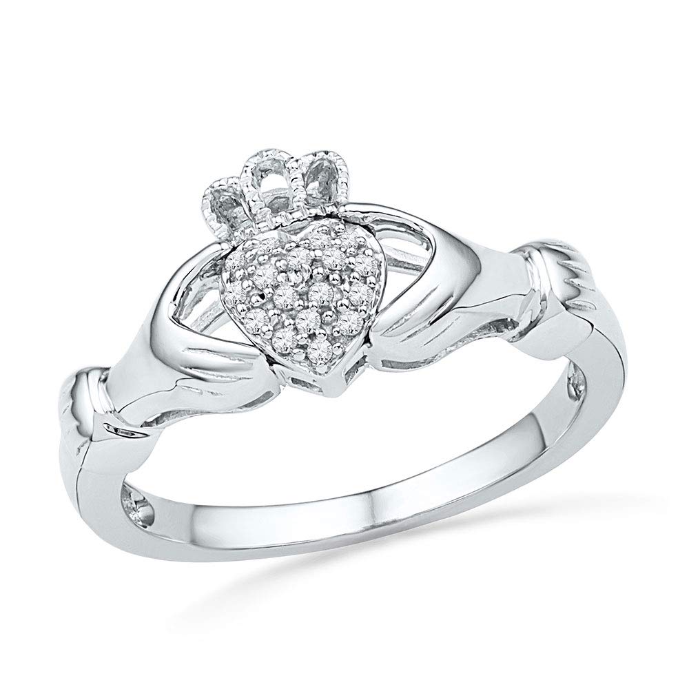 10K White Gold Women's Round Diamond Claddagh Hands & Heart Cluster Ring 1/20 CTTW - Perfect for Engagement, Anniversary & Irish Heritage Jewelry Gifts