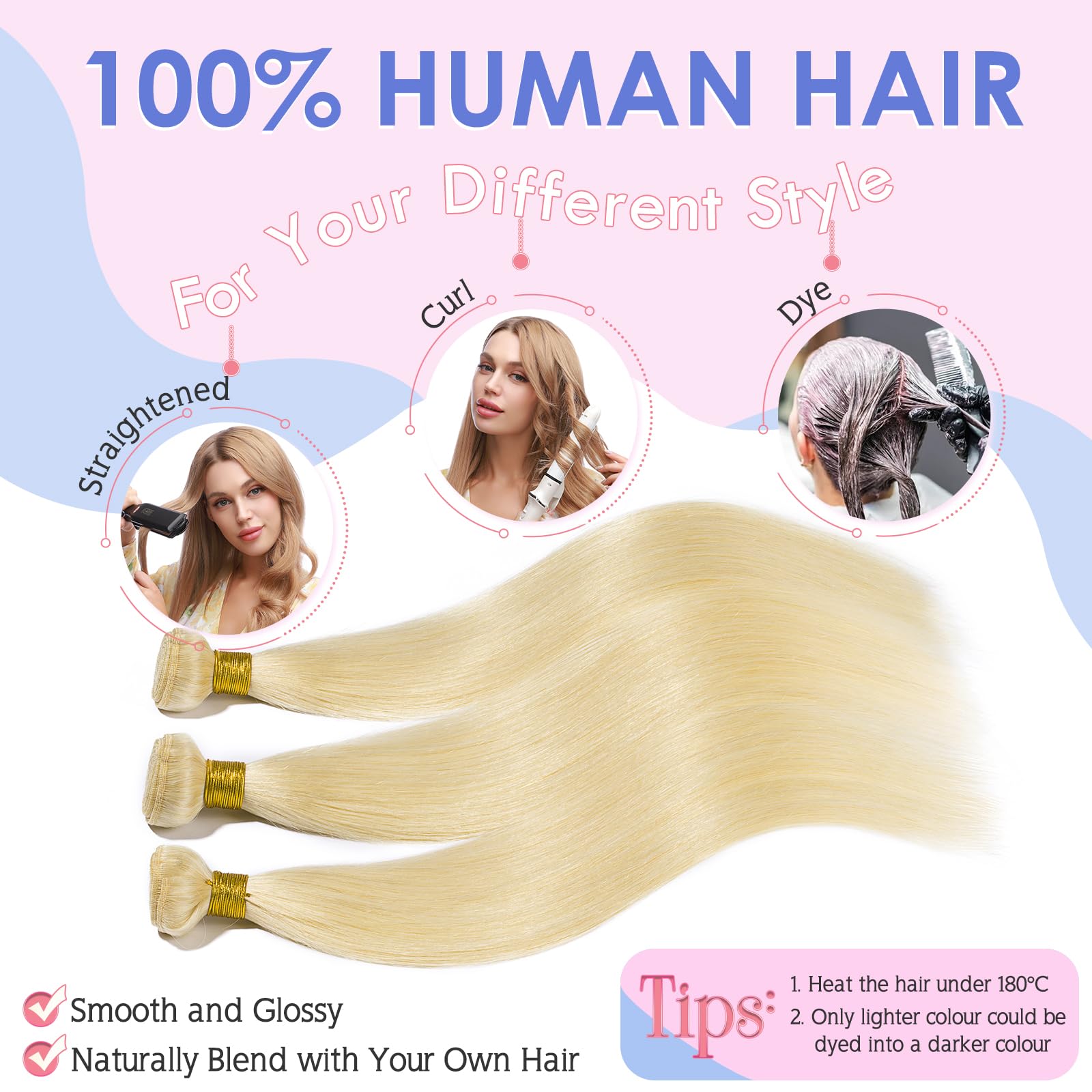 Elailite 100% Real Human Hair Weave Bundles - #613 Bleach Blonde Straight Hair Extensions (18 Inch, 100g) for Stunning Blonde Looks - Perfect for Daily Wear, Parties & Special Occasions