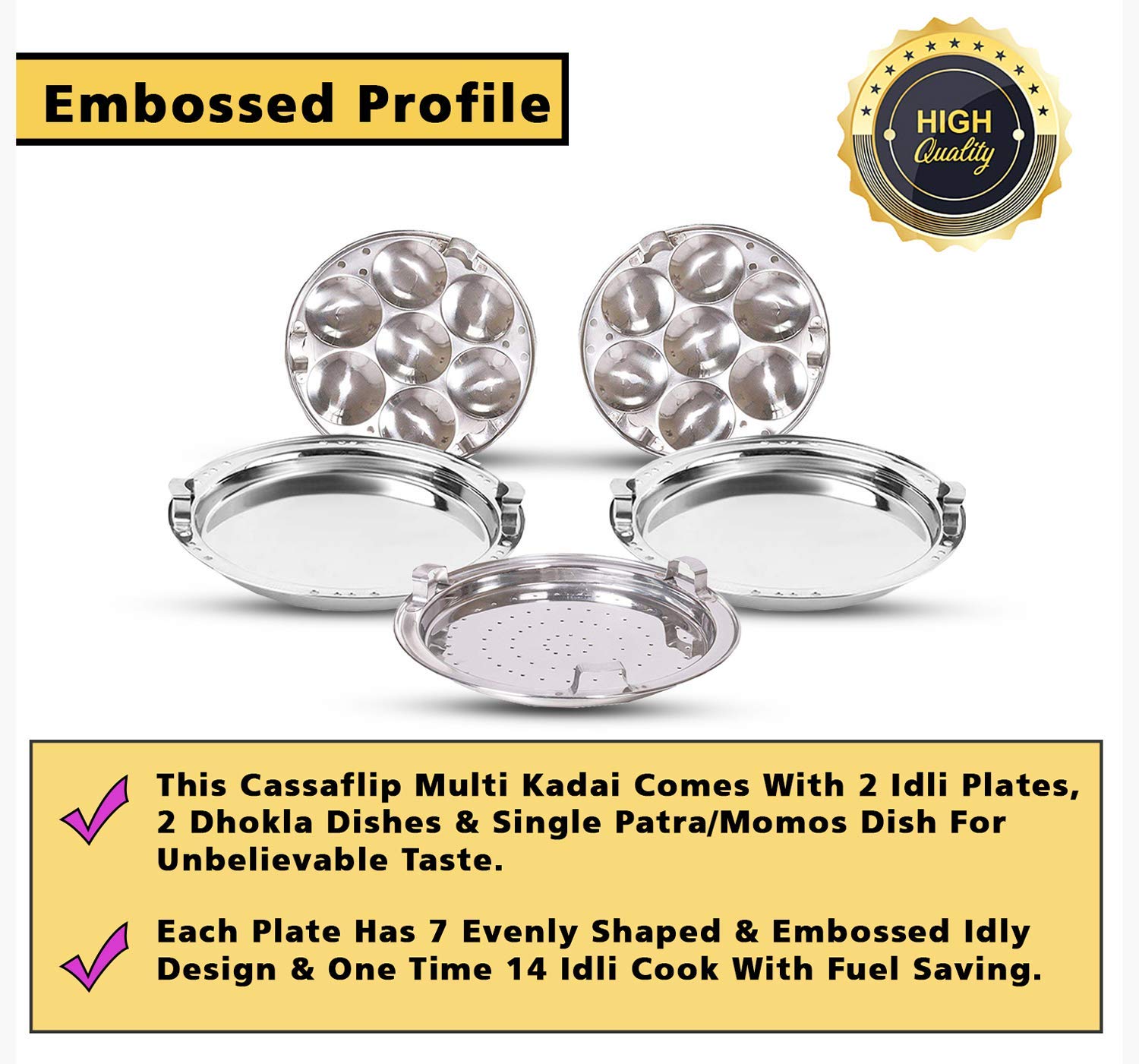 Premium Stainless Steel Multi-Purpose Steamer with Copper Bottom - 5-Piece Set (2 Idli Plates, 2 Dhokla Plates, 1 Patra Plate) - Silver | Indian Cooking Essential for Steaming Snacks, Dumplings & Healthy Meals | Perfect for Home Kitchens & Restaurants