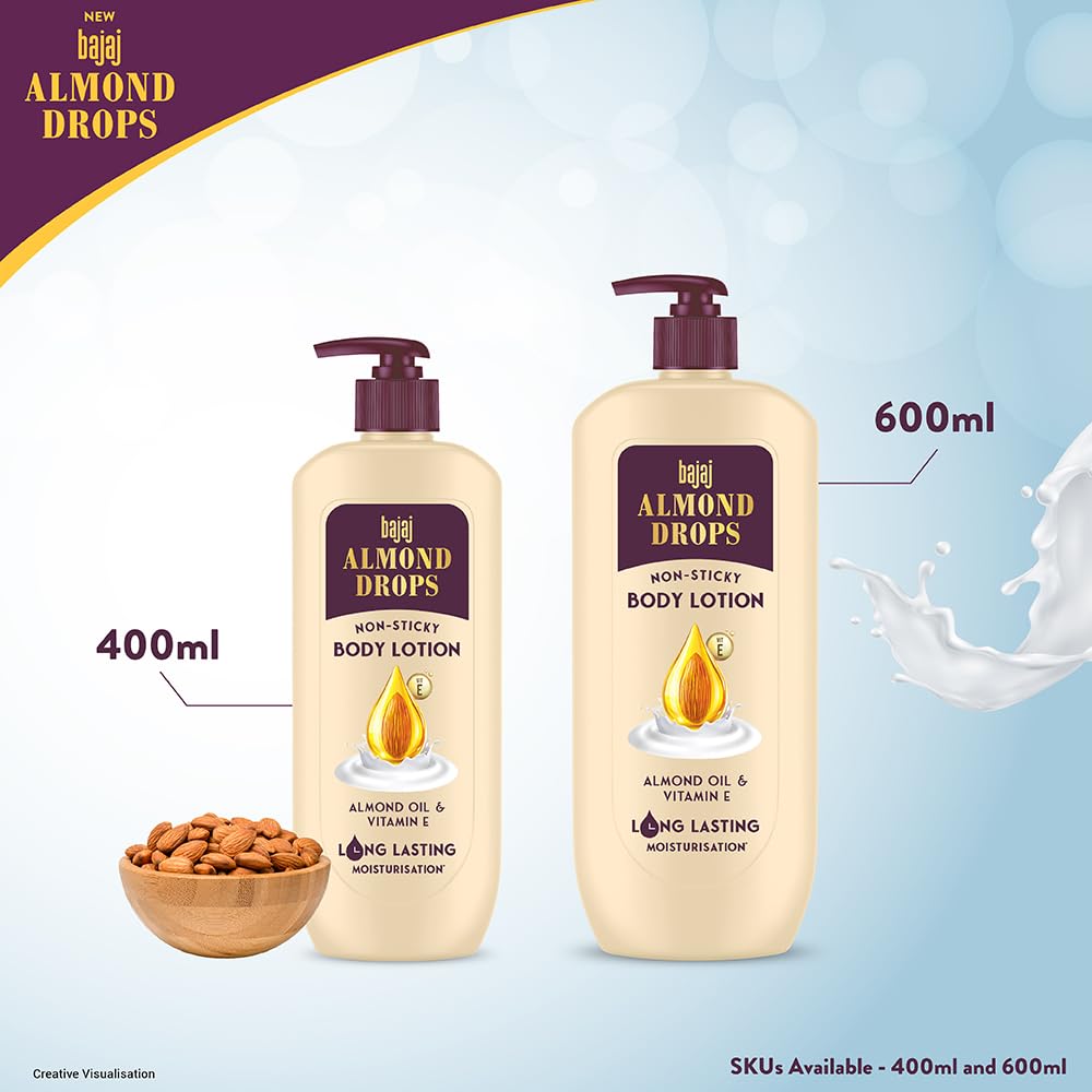 Bajaj Almond Drops Non-Sticky Body Lotion with Almond Oil & Vitamin E - 600ml Long Lasting Moisturizer for Nourished, Smooth Skin - Perfect for Daily Hydration & Dry Skin Care