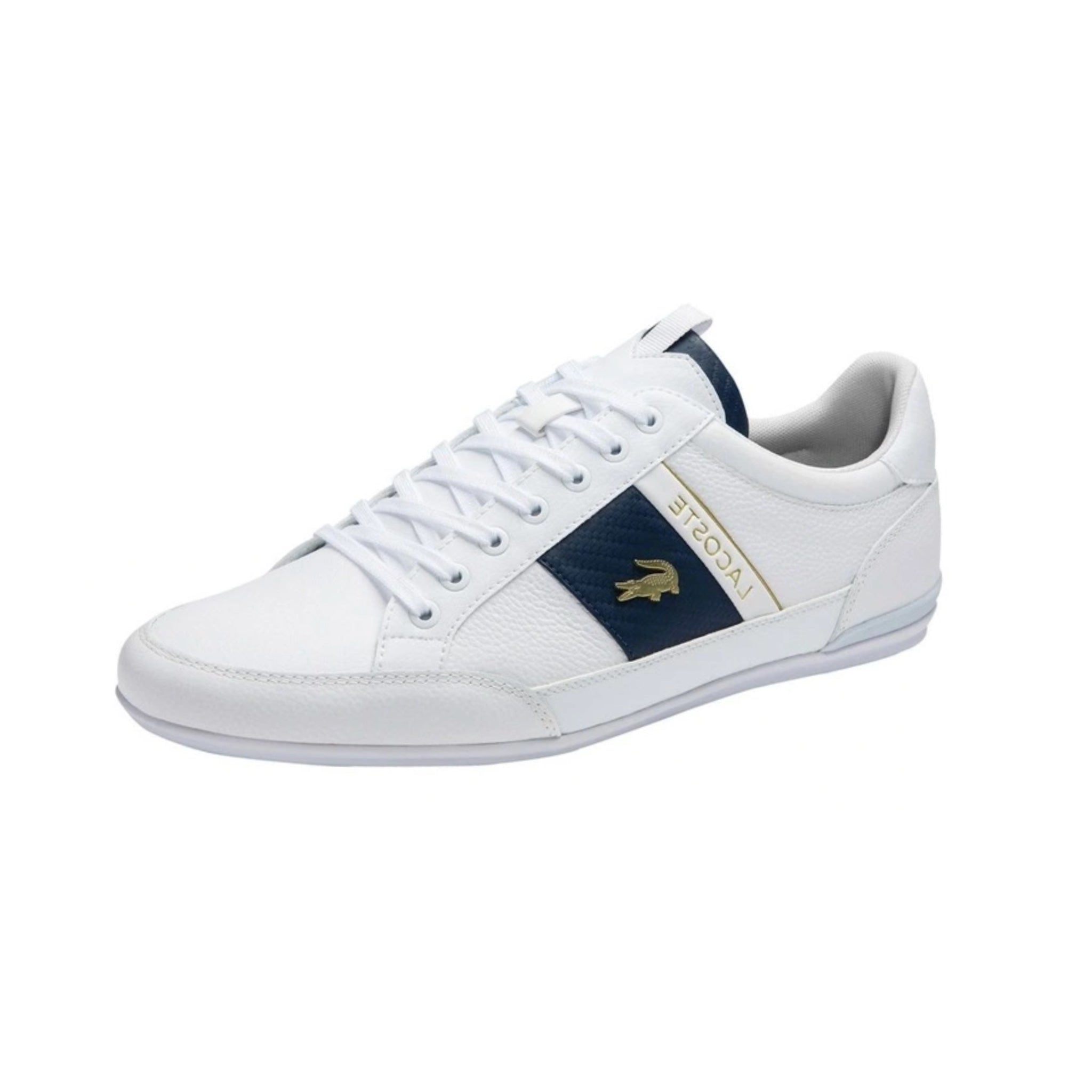 Lacoste Chaymon 0120 Sneakers in White, Navy & Gold - Stylish Casual Shoes for Men | Perfect for Everyday Wear, Office & Weekend Outings