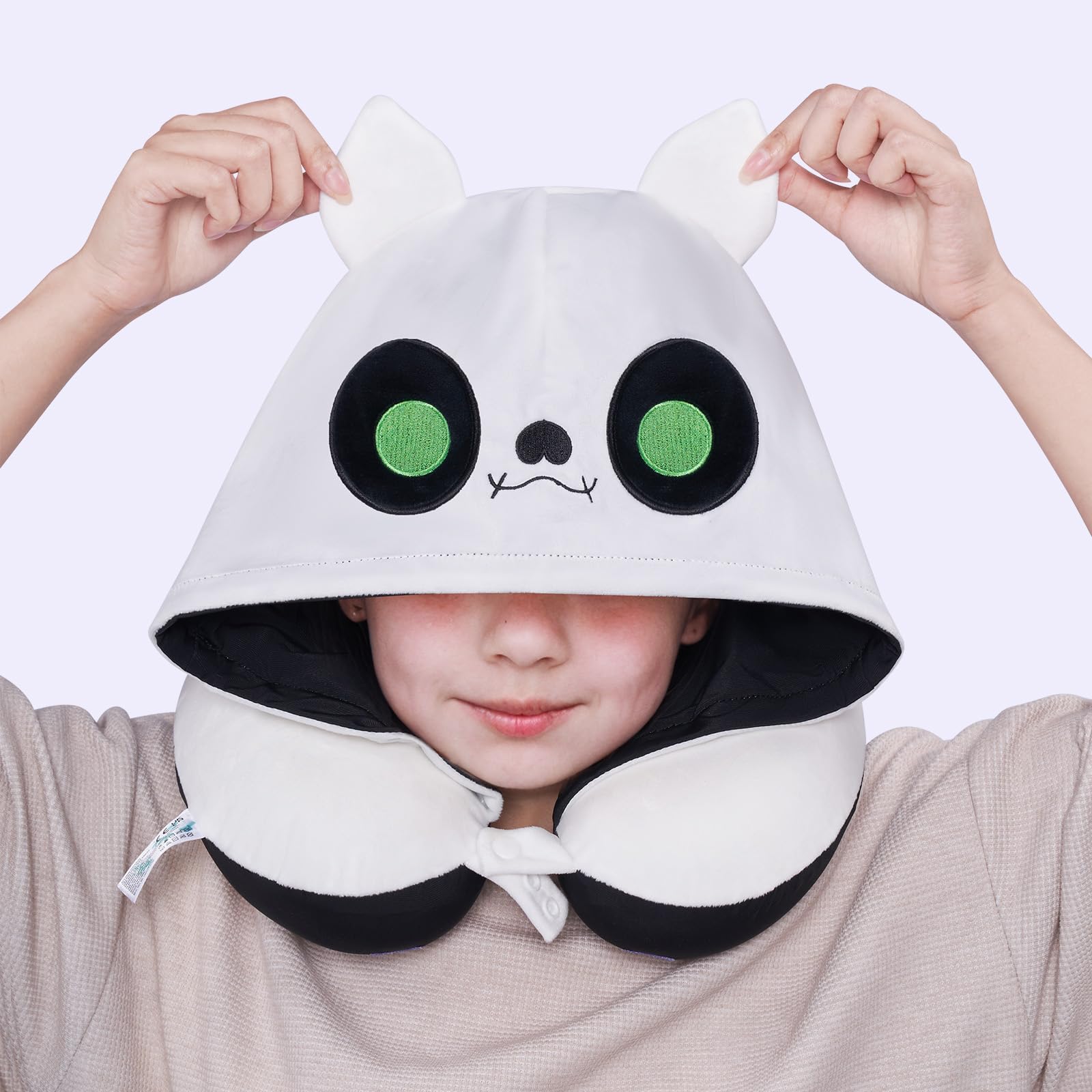 Memory Foam Travel Neck Pillow with Hood & Adjustable Strap - Soft Velvet & Cooling Ice Silk Fabric for Kids & Adults - Perfect for Airplane, Car & Office Napping