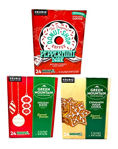 Premium Green Mountain & The Original Donut Shop Holiday Coffee Variety Pack - 72 K-Cups (Peppermint Bark, Holiday Blend & Cinnamon Sugar Cookie) - Perfect for Christmas Gifts, Office Coffee Stations & Cozy Winter Mornings