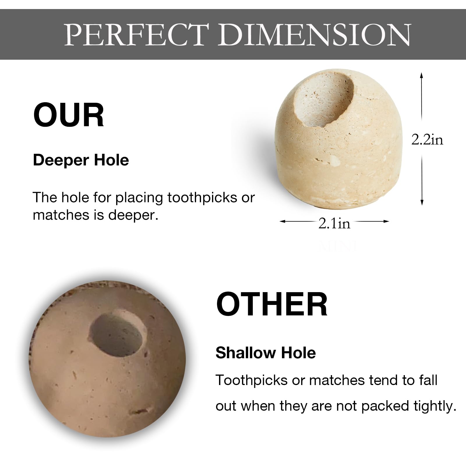100% Natural Travertine Toothpick & Match Holder - Elegant Beige Stone Match Jar for Candles, Bathroom Decor (2.1x2.1x2.2 inches) - Perfect for Home, Kitchen, Restaurant & Gift Giving - Toothpicks Not Included